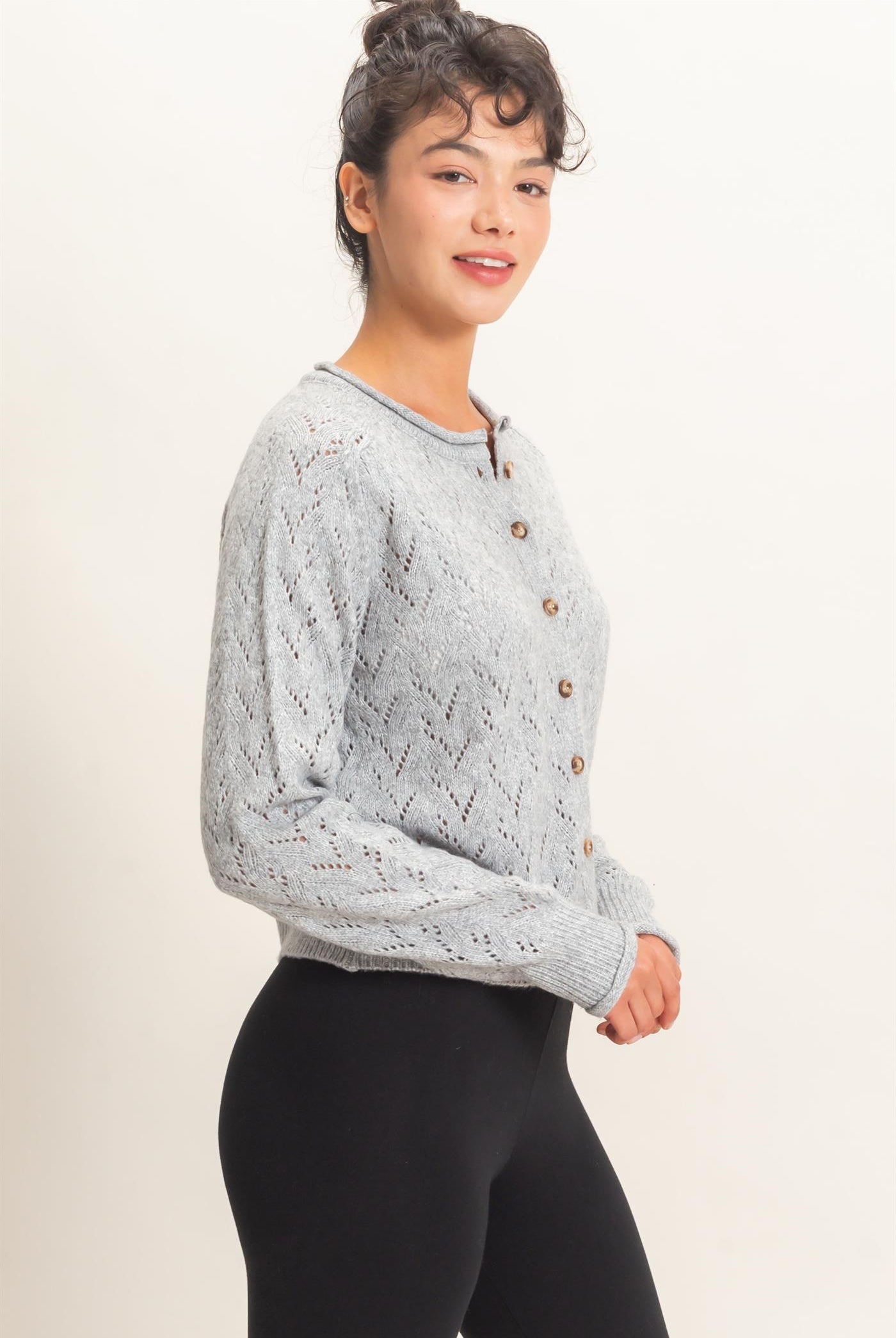 Wholesale Pointelle Knit Button Front Cardigan Cardigans DZ26C978 HEATHER GRAY DOUBLE ZERO