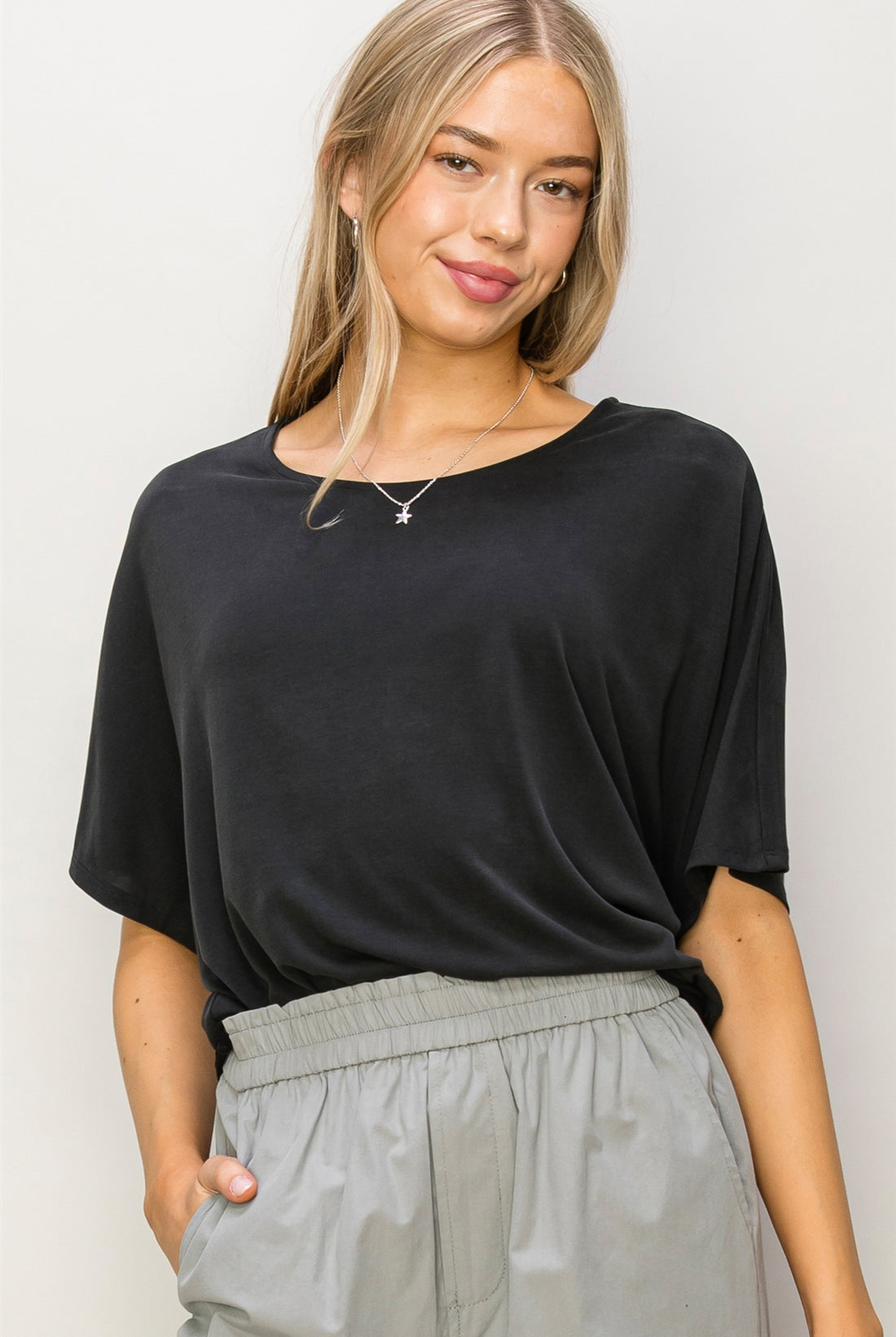 Wholesale D-Elbow Length Dolman Sleeve Top Clothing Tops DZ24C199-D BLACK DOUBLE ZERO