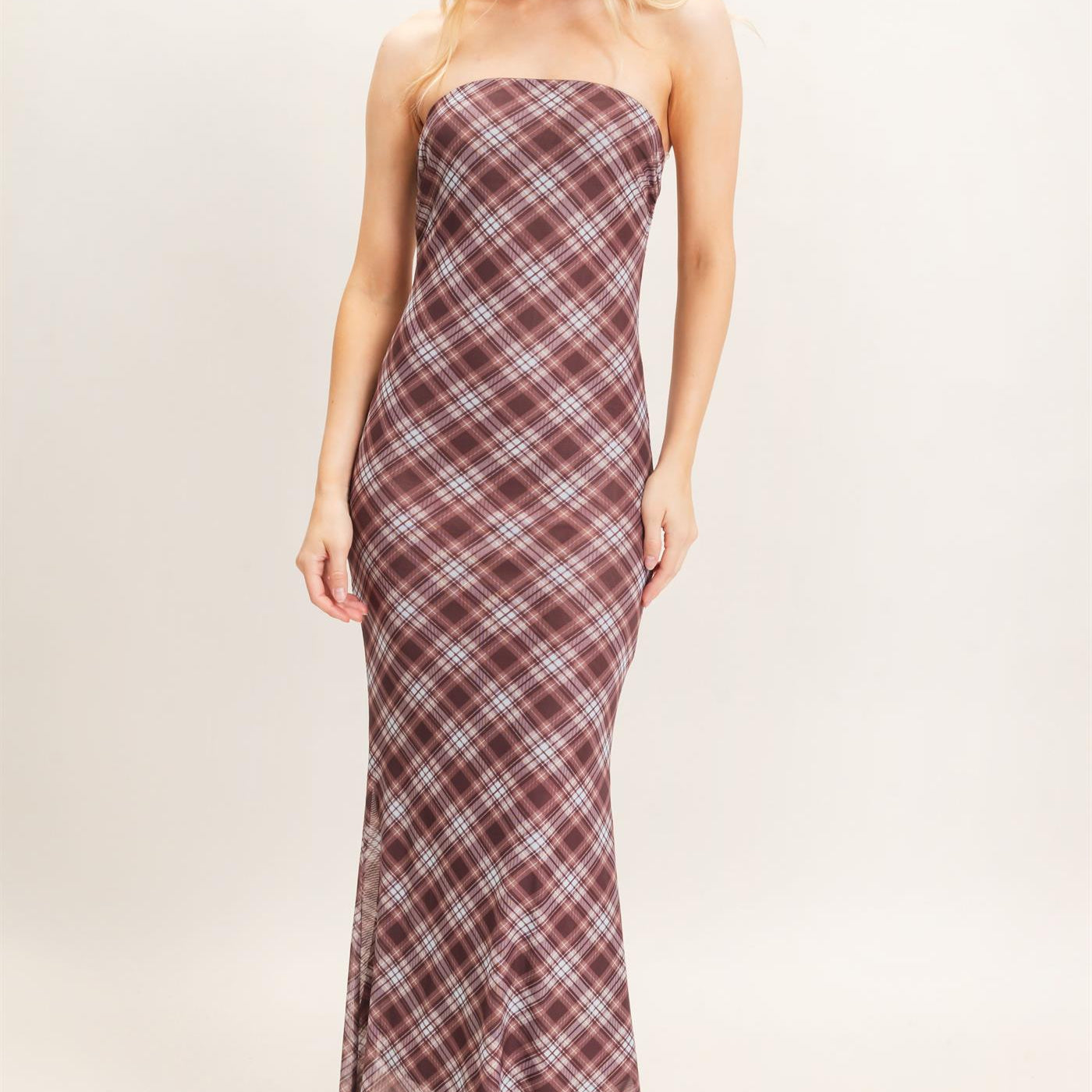 Wholesale Strapless Printed Mesh Maxi Dress Dresses HF26F212 BROWN/PLAID HYFVE