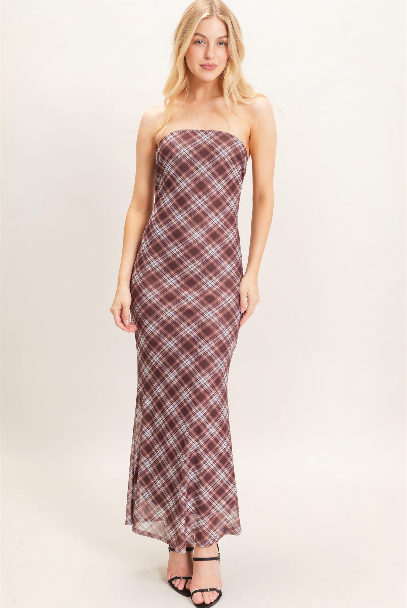 Wholesale Strapless Printed Mesh Maxi Dress Dresses HF26F212 BROWN/PLAID HYFVE