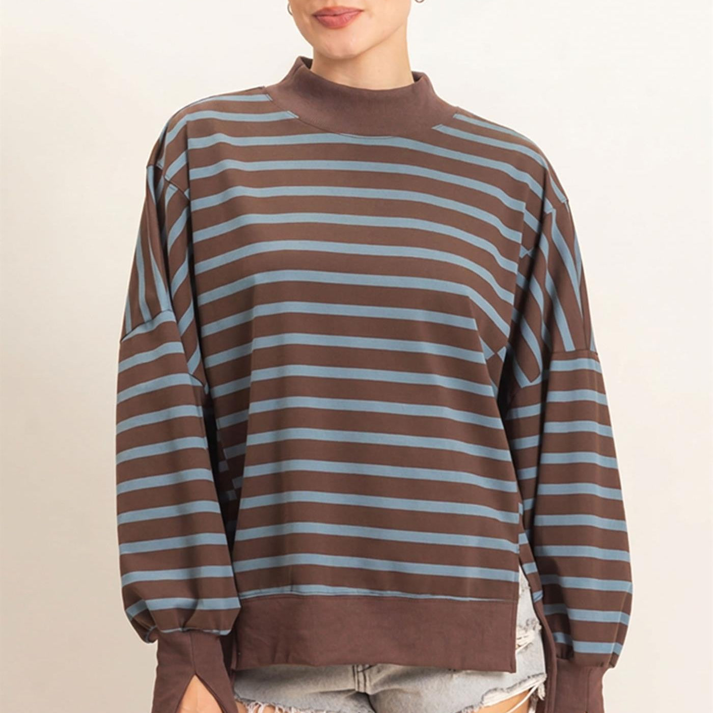 Wholesale Striped Mock Neck Sweatshirt Sweatshirts HF27A178-D BROWN/D.BLUE HYFVE