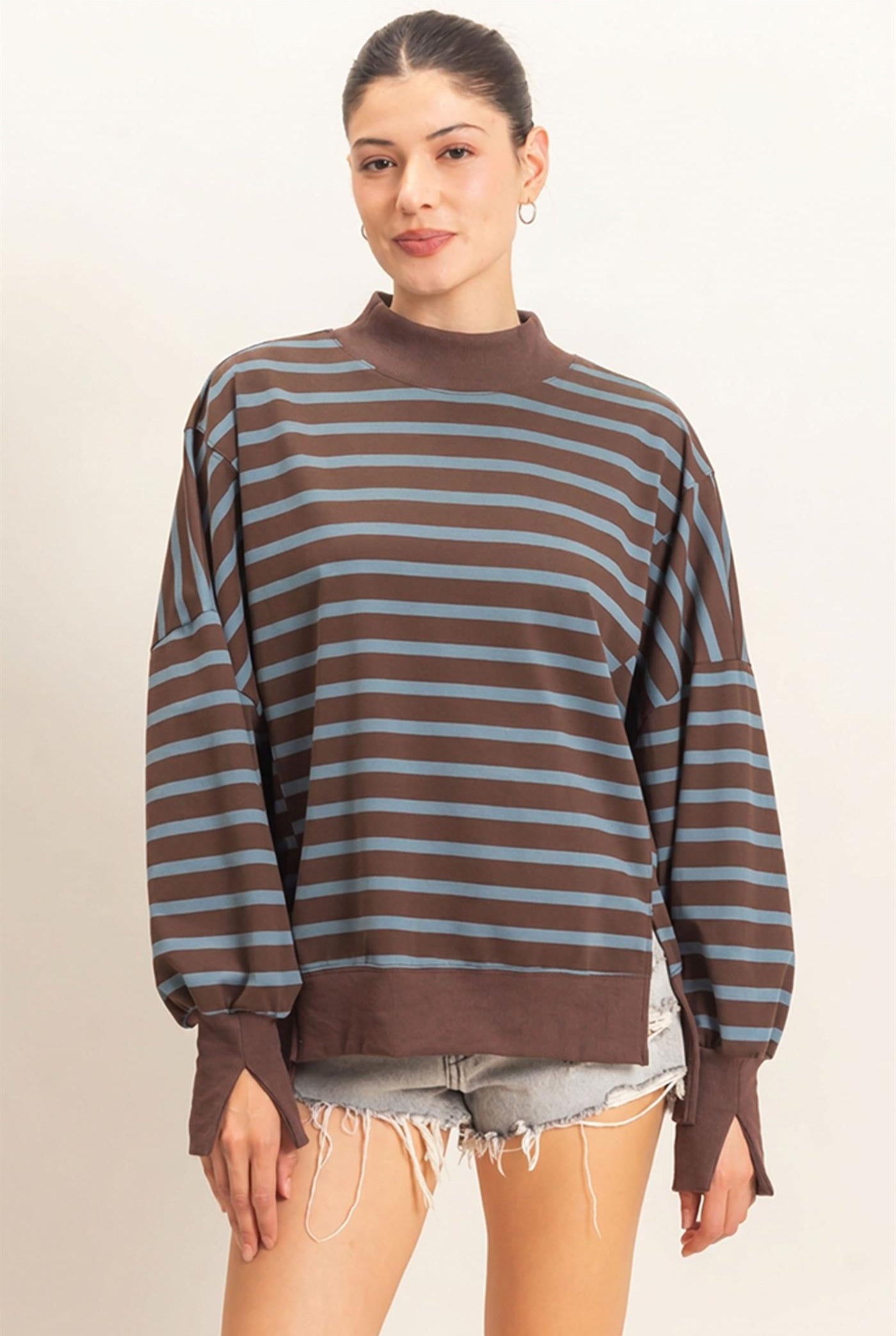 Wholesale Striped Mock Neck Sweatshirt Sweatshirts HF27A178-D BROWN/D.BLUE HYFVE
