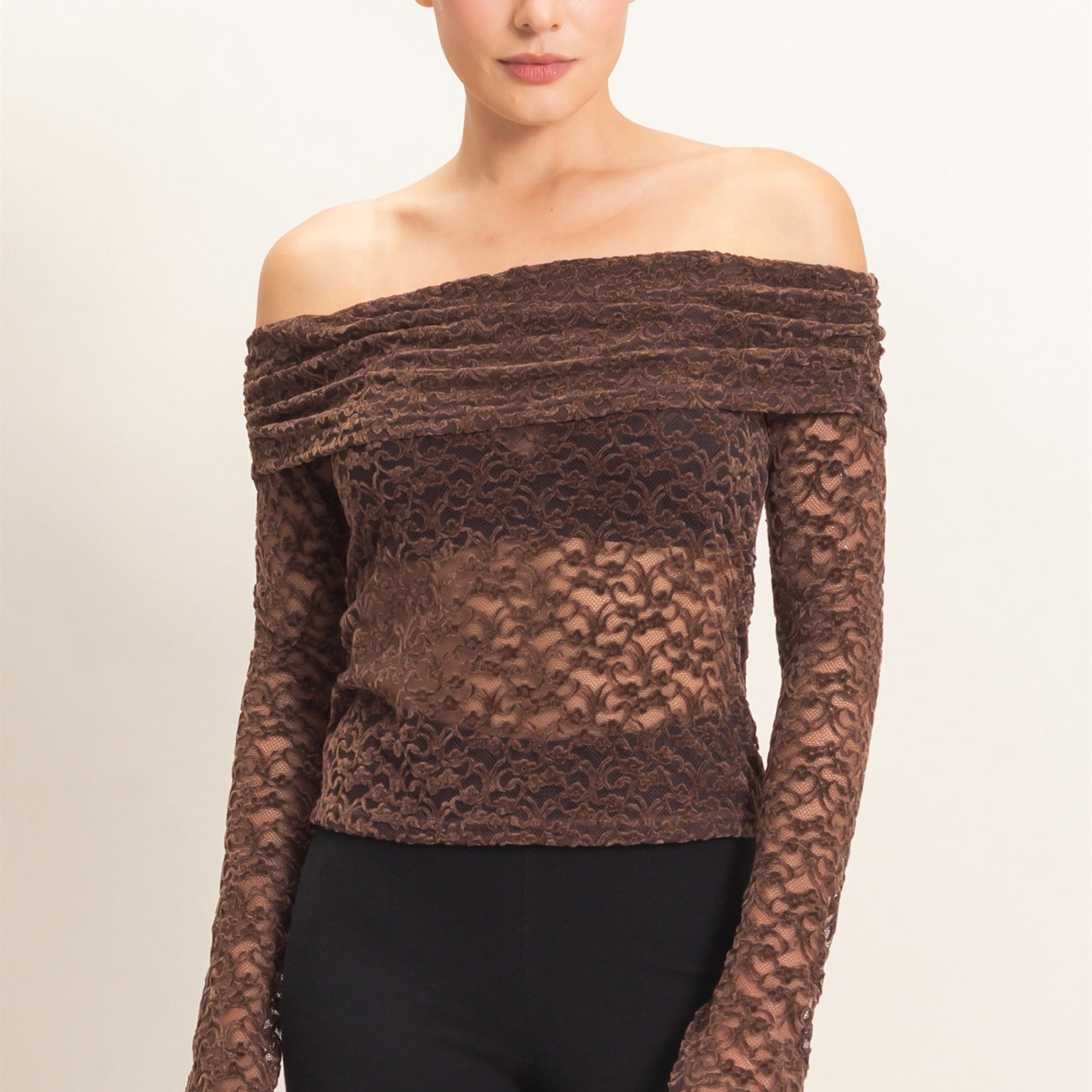 Wholesale Off-Shoulder Lace Top Clothing Tops HF26E407 CHOCOLATE HYFVE