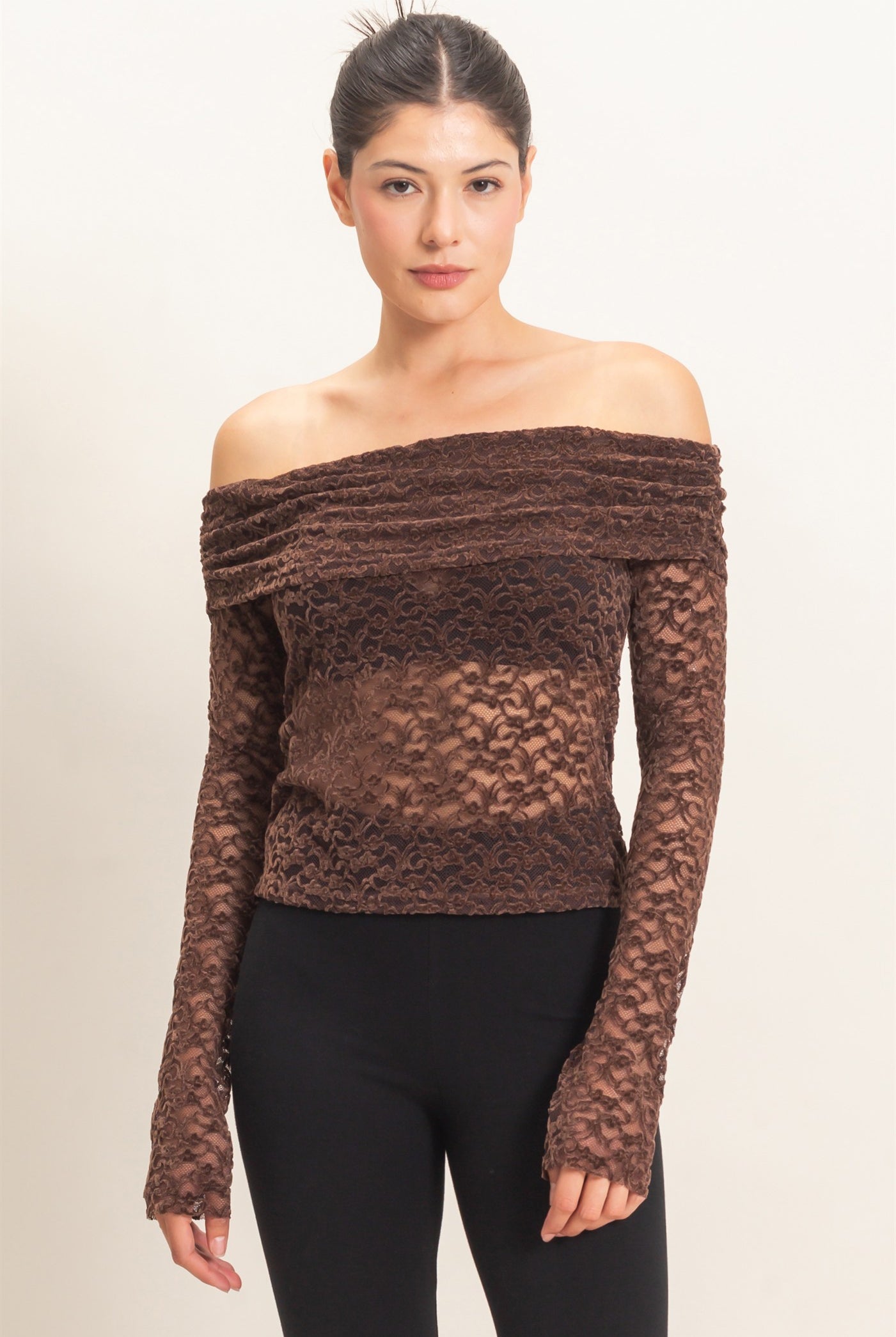 Wholesale Off-Shoulder Lace Top Clothing Tops HF26E407 CHOCOLATE HYFVE