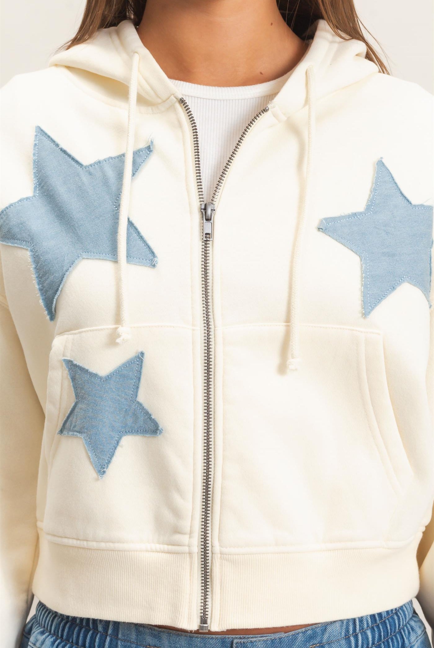 Wholesale Star Patch Zip-Up Hoodie Hoodies DZ26E828 CREAM DOUBLE ZERO