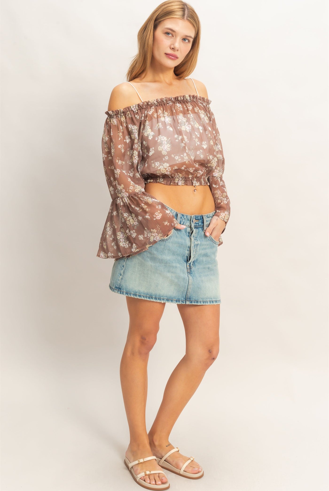 Wholesale Floral Off Shoulder Top Blouses HF26E647 BROWN HYFVE