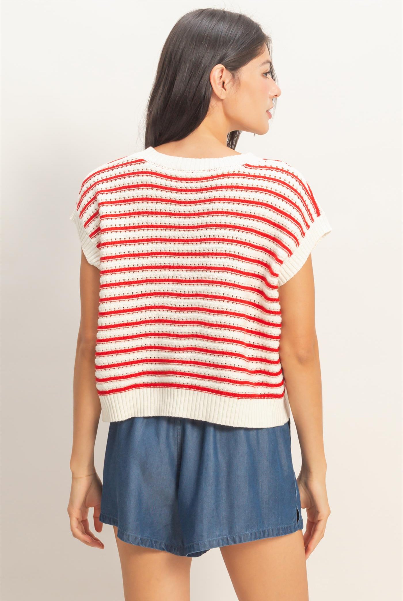 Wholesale Striped Sleeveless Crew Neck Top Sweaters DZ26A222 RED DOUBLE ZERO