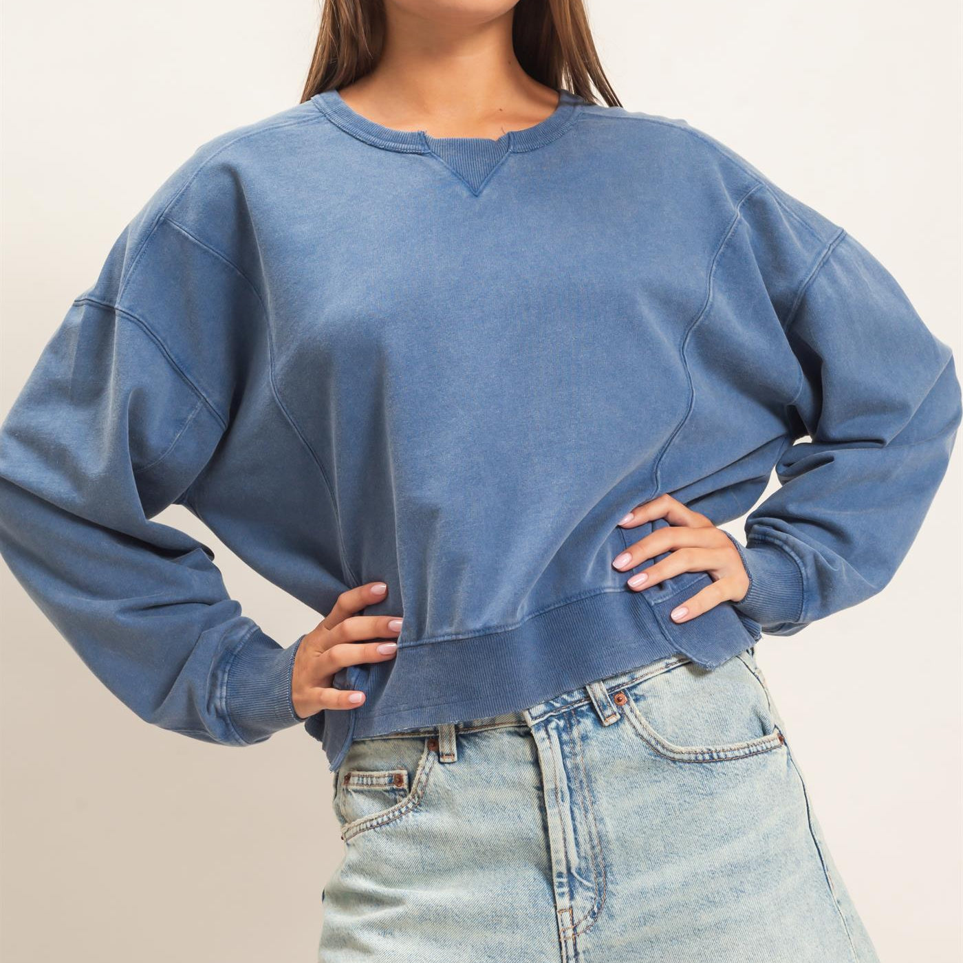 Wholesale Acid Wash Seam Detail Crew Neck Sweatshirt Sweatshirts DZ26E260 NAVY DOUBLE ZERO