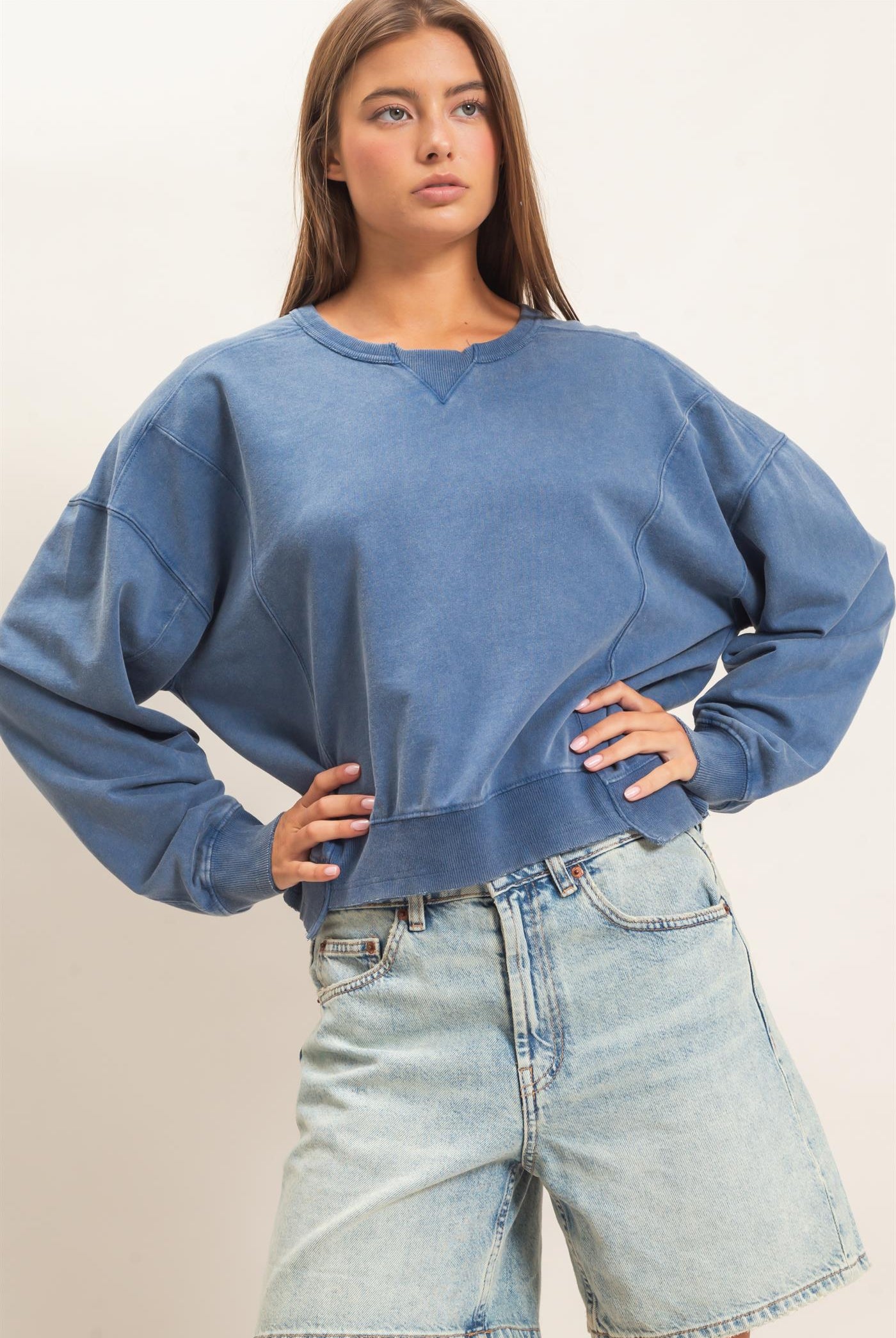 Wholesale Acid Wash Seam Detail Crew Neck Sweatshirt Sweatshirts DZ26E260 NAVY DOUBLE ZERO