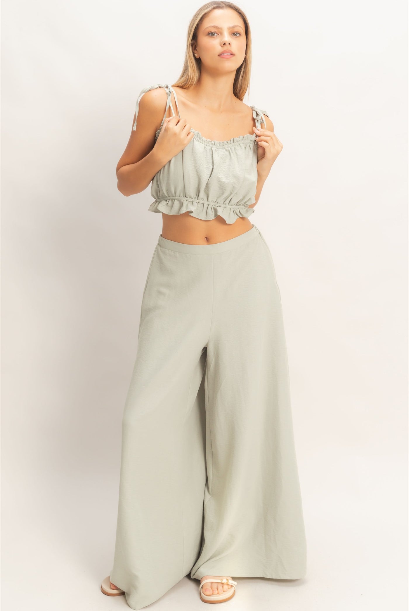 Wholesale Ruffle Smocked Bust Top & Wide Pants Clothing HF26A502-SET-D SAGE HYFVE
