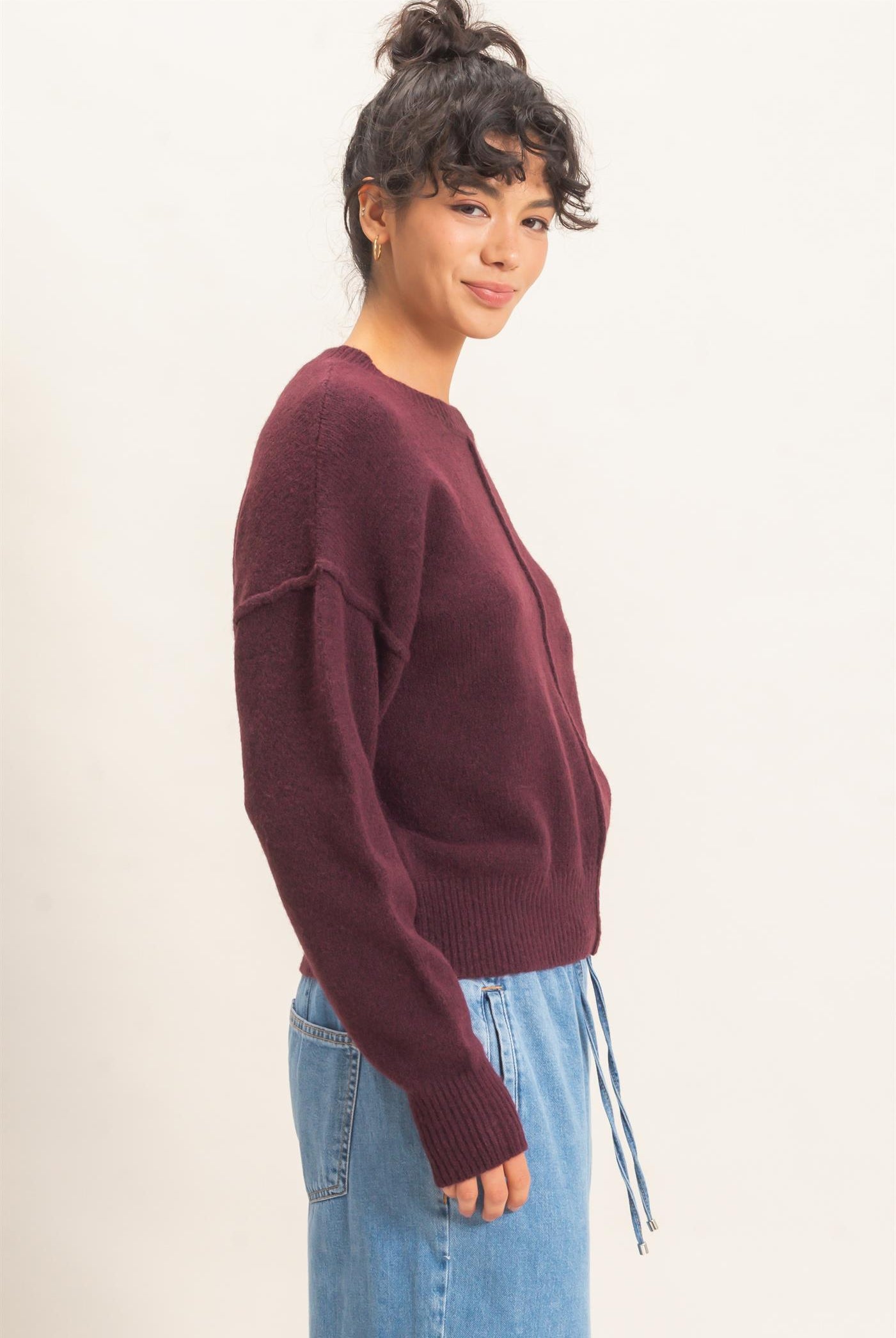 Wholesale Crew Neck Seam Detail Sweater Sweaters DZ26E240 DARK CHERRY DOUBLE ZERO
