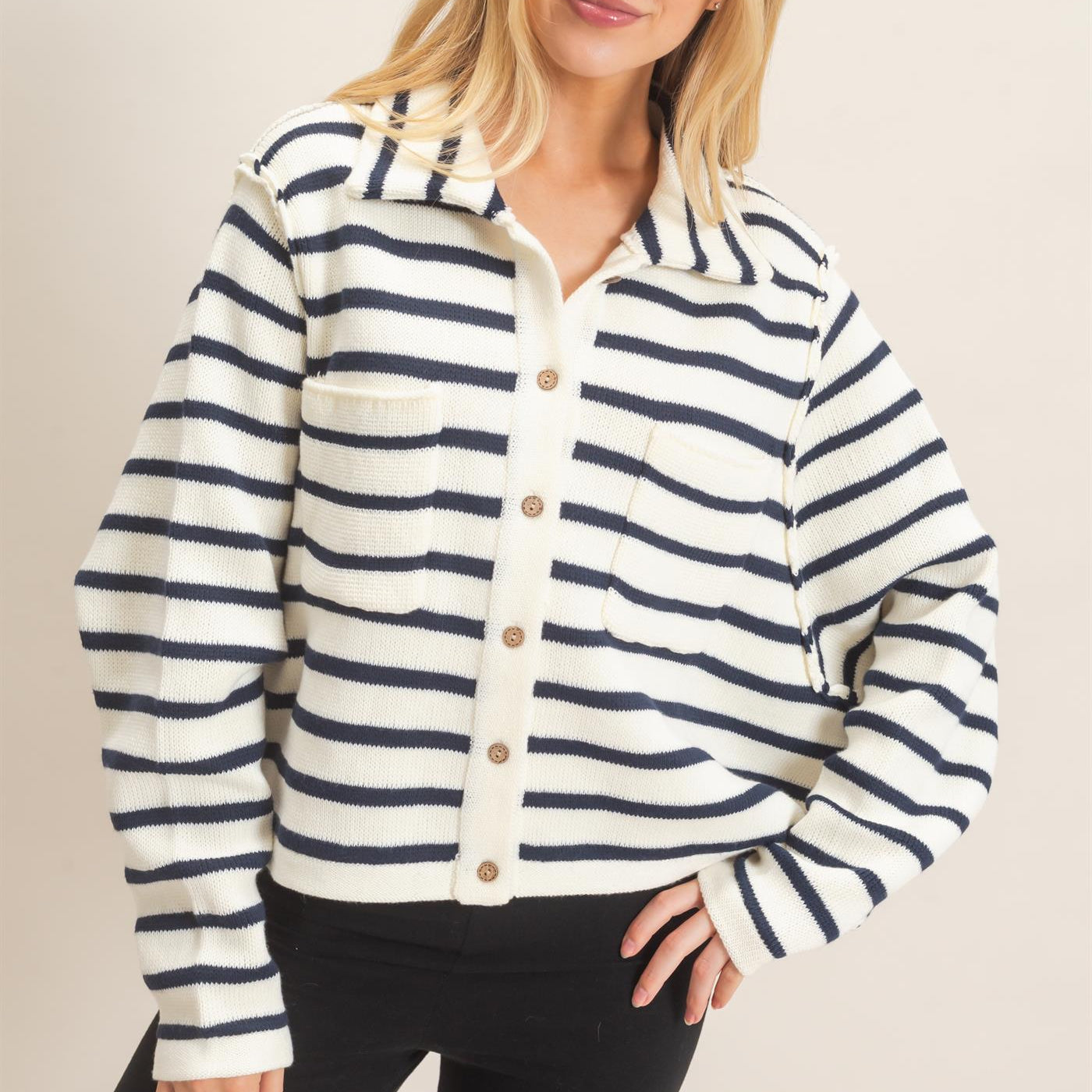 Wholesale Striped Button Front Cardigan Sweaters HF26F197 CREAM HYFVE