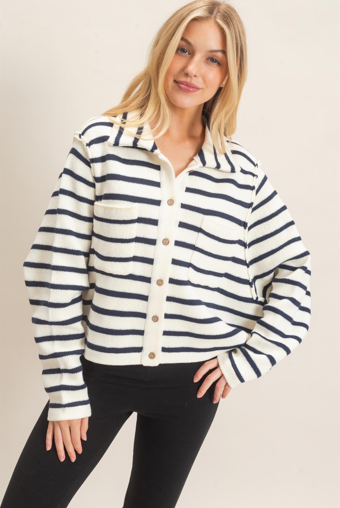 Wholesale Striped Button Front Cardigan Sweaters HF26F197 CREAM HYFVE