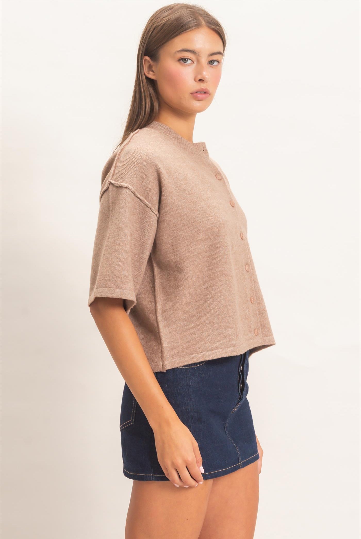 Wholesale Drop Shoulder Short Sleeve Cardigan Cardigans DZ26E238 DARK TAUPE DOUBLE ZERO