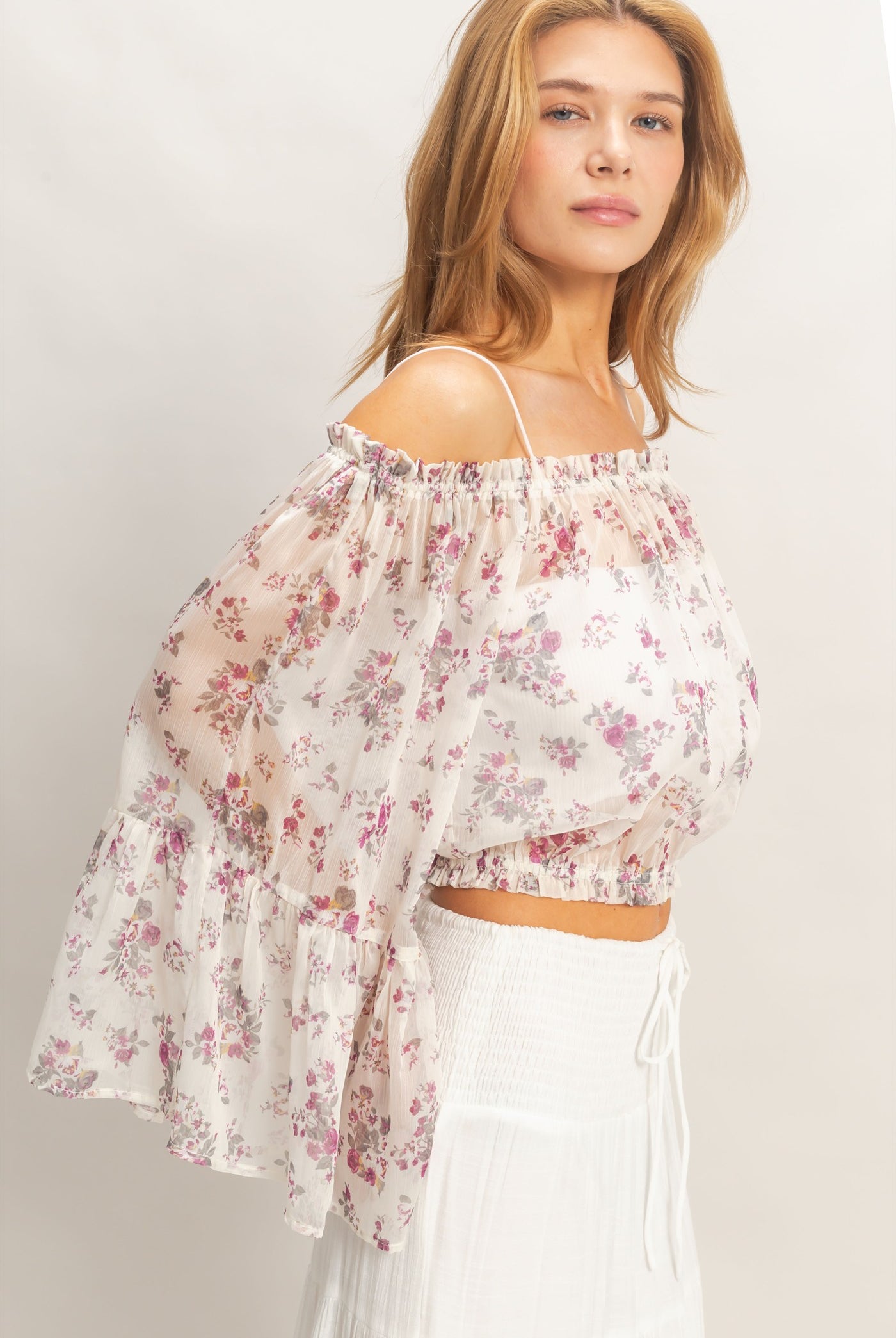 Wholesale Floral Off Shoulder Top Blouses HF26E647 ROSE WINE HYFVE