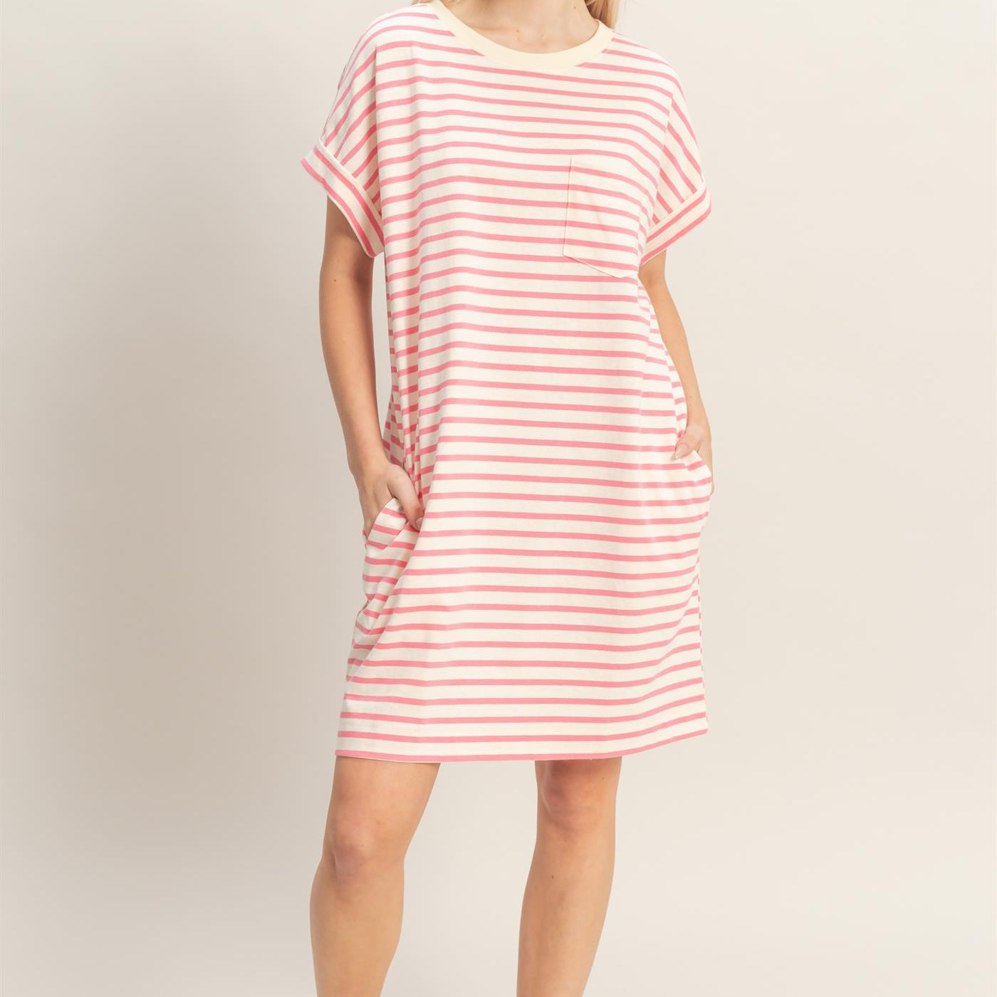 Wholesale Striped T-Shirt Mini Dress Dresses DZ26C067 PINK DOUBLE ZERO