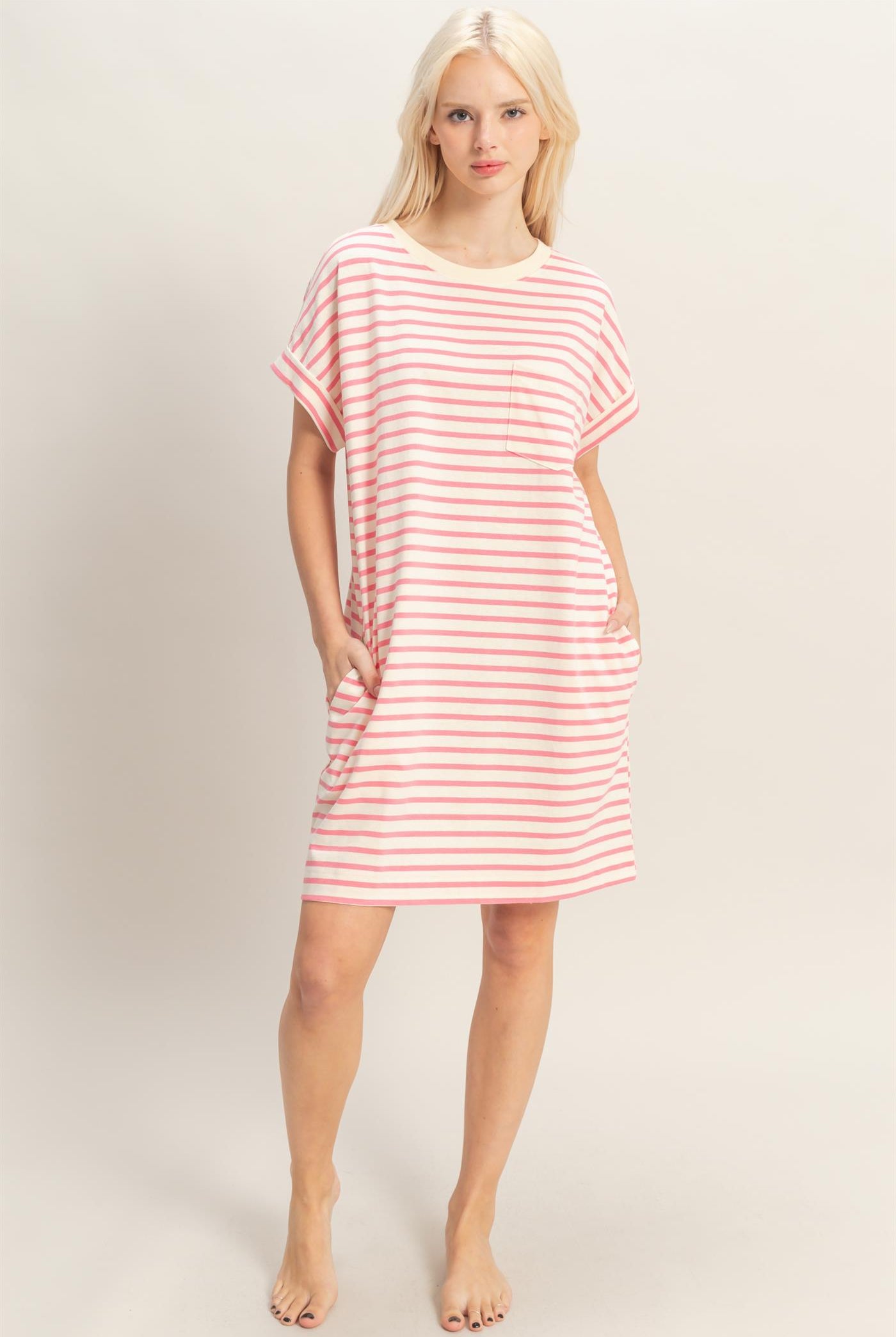 Wholesale Striped T-Shirt Mini Dress Dresses DZ26C067 PINK DOUBLE ZERO