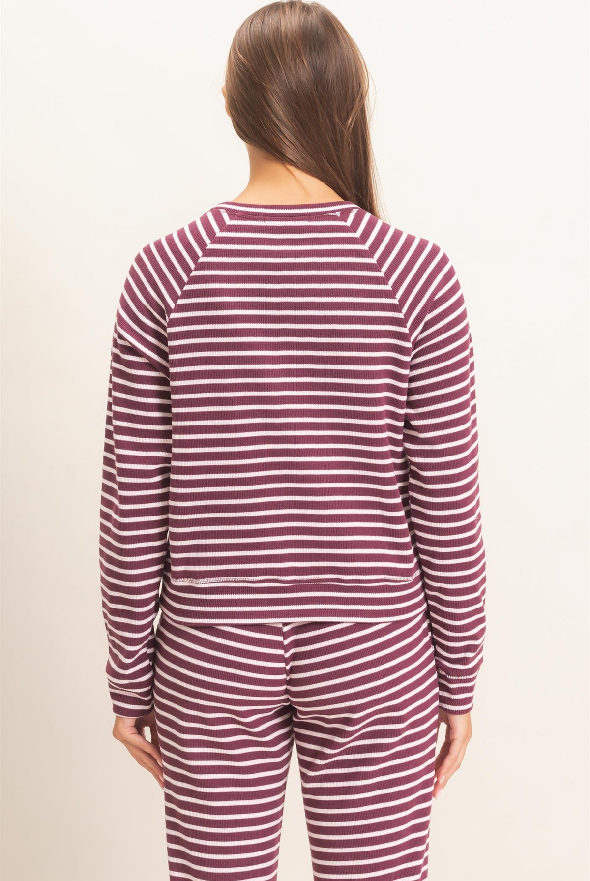 Wholesale Striped Waffle Knit Raglan Top Clothing Tops DZ26E450 DARK CHERRY DOUBLE ZERO