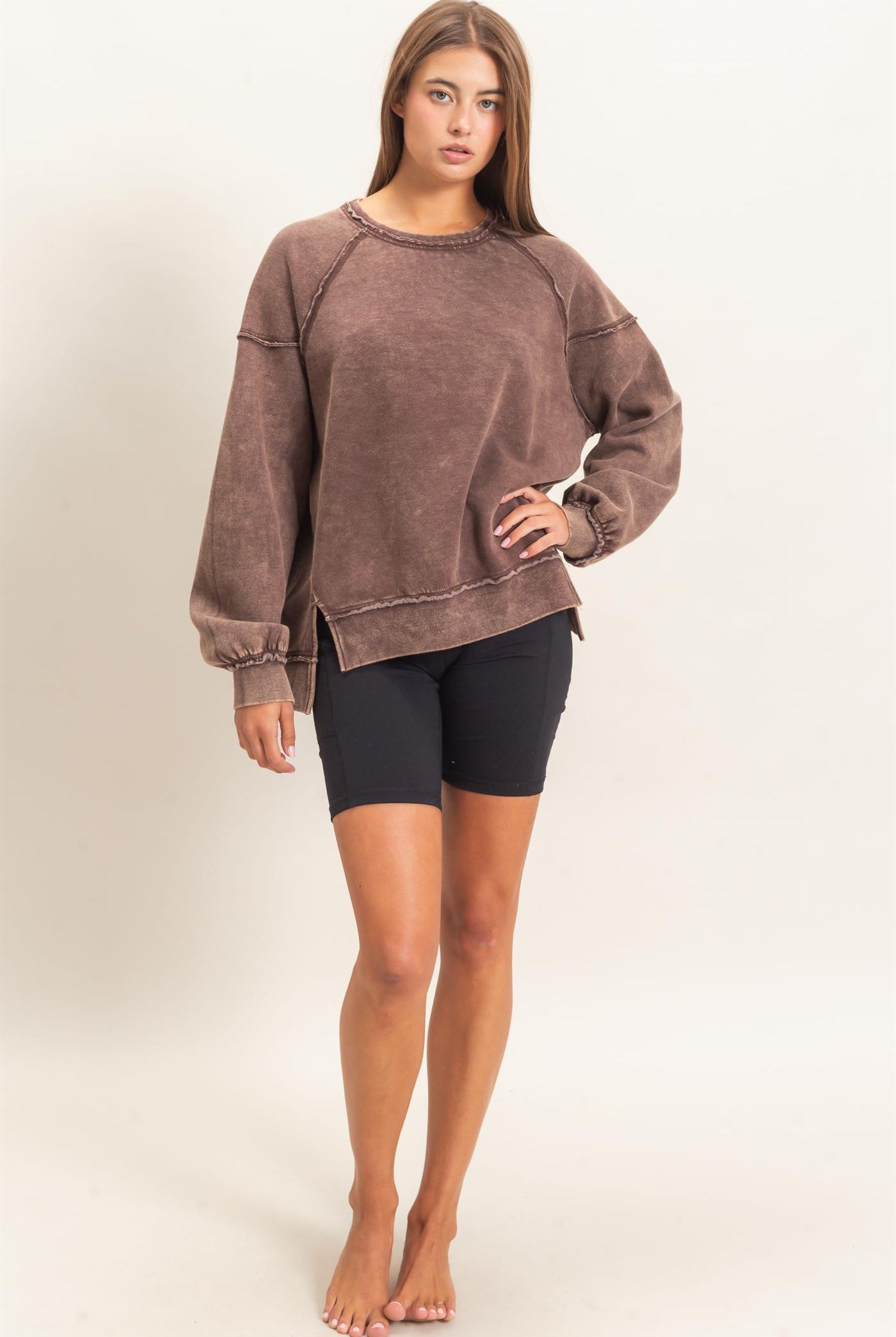 Wholesale Acid Wash Raw Edge Sweatshirt Sweatshirts DZ26C910 DARK BROWN DOUBLE ZERO