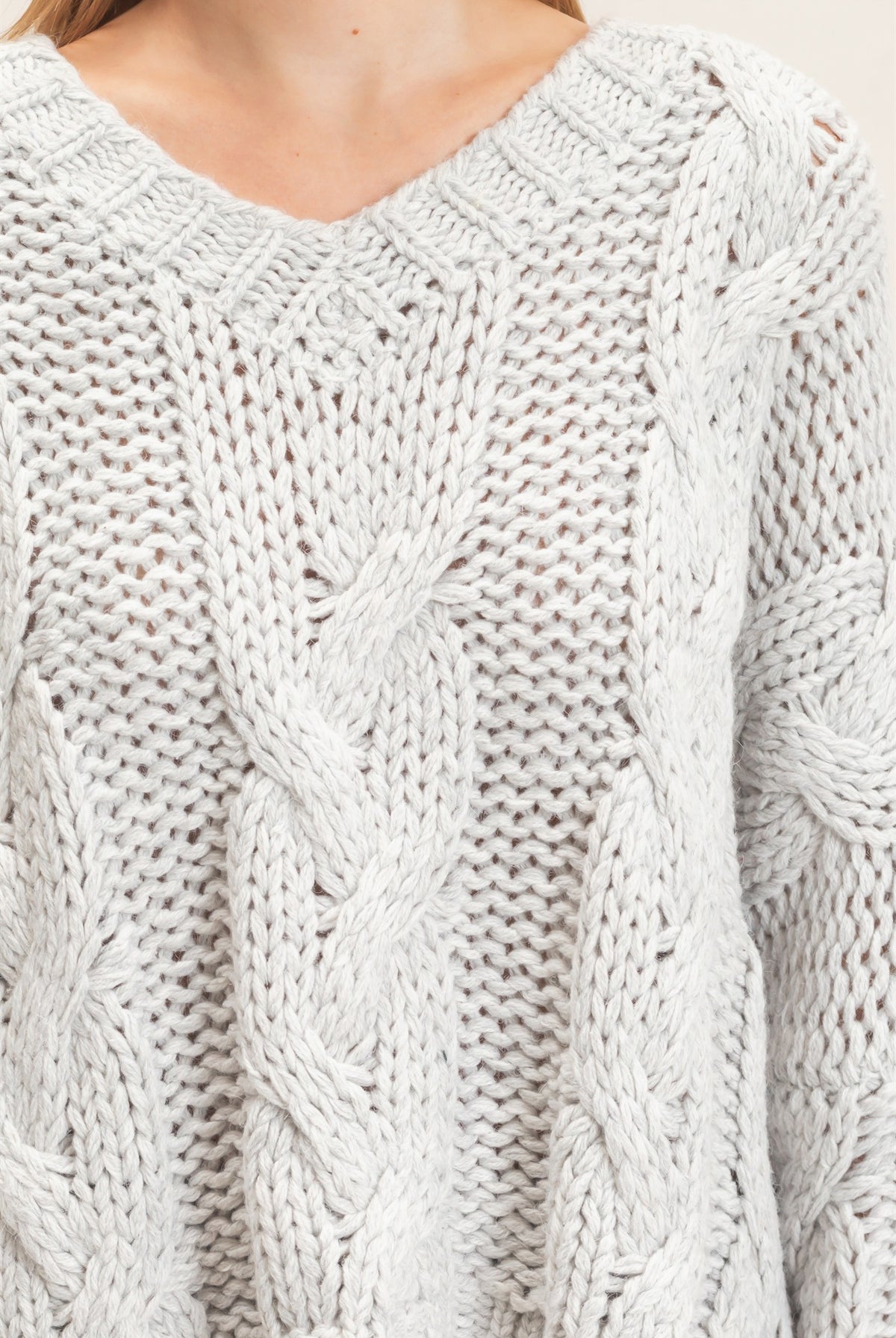 Wholesale Cable Knit V-Neck Sweater Sweaters HF26F175-D GRAY HYFVE