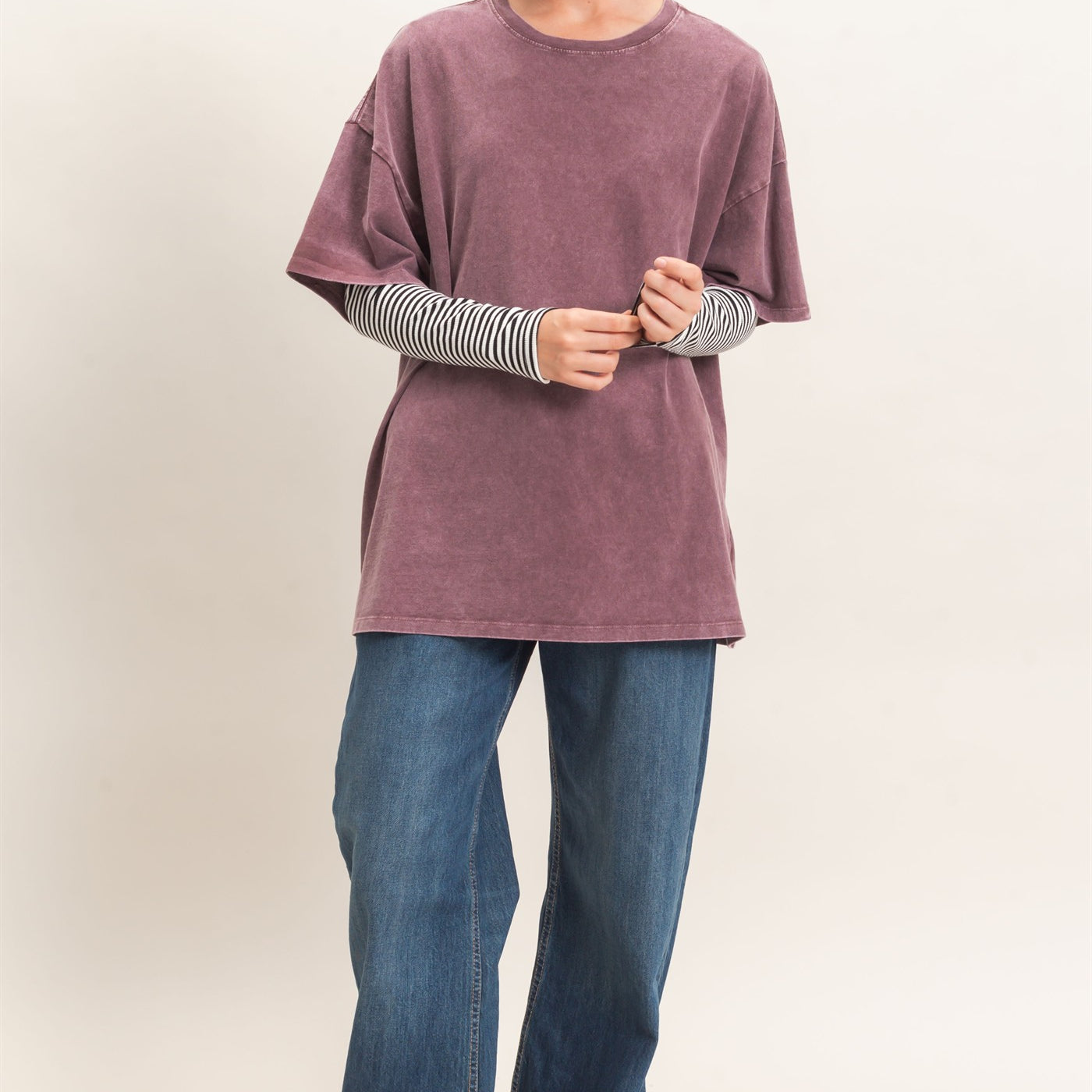 Wholesale Mineral Wash Oversized Crew Neck T-Shirts Clothing Tops DZ26C961 DARK CHERRY DOUBLE ZERO