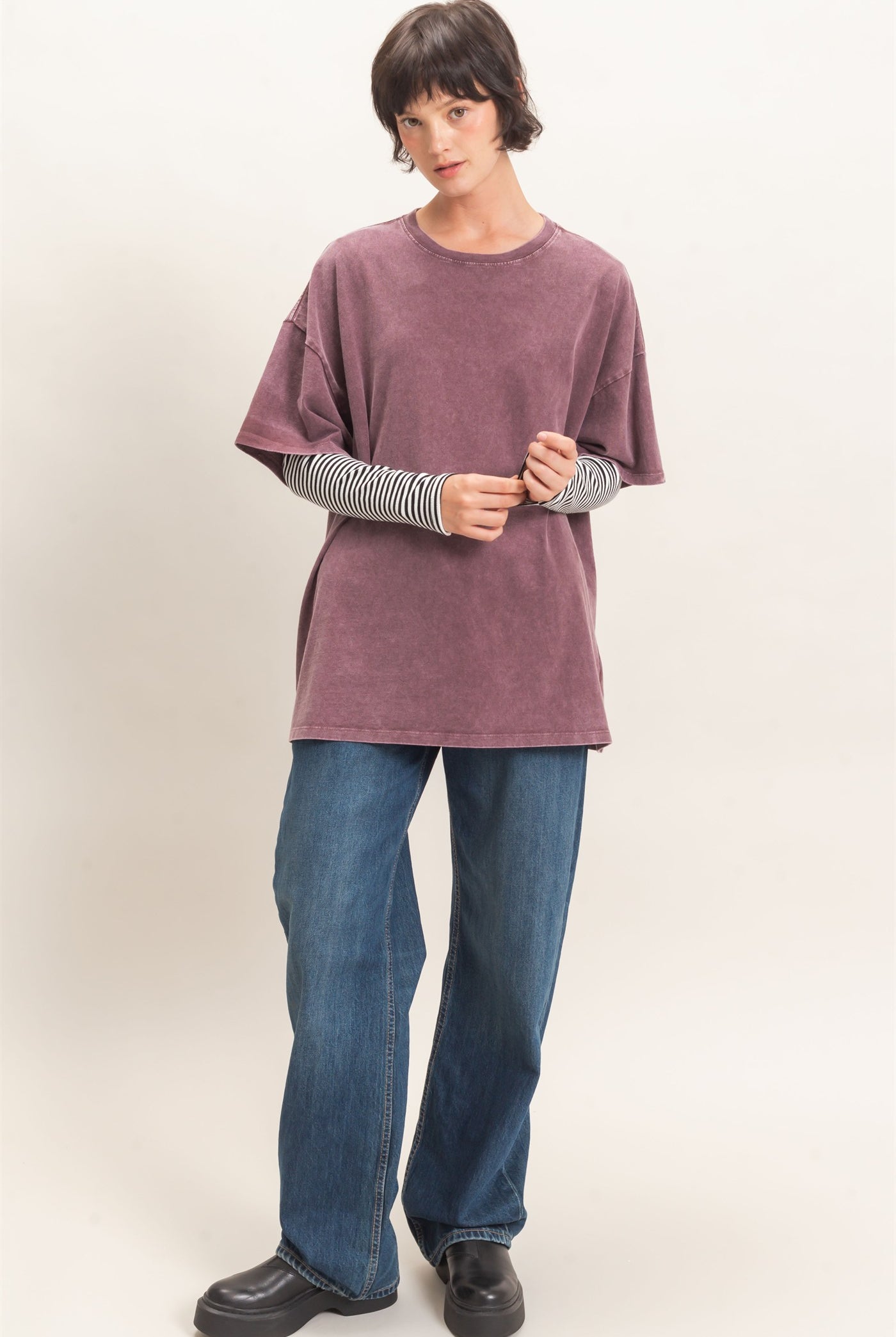 Wholesale Mineral Wash Oversized Crew Neck T-Shirts Clothing Tops DZ26C961 DARK CHERRY DOUBLE ZERO