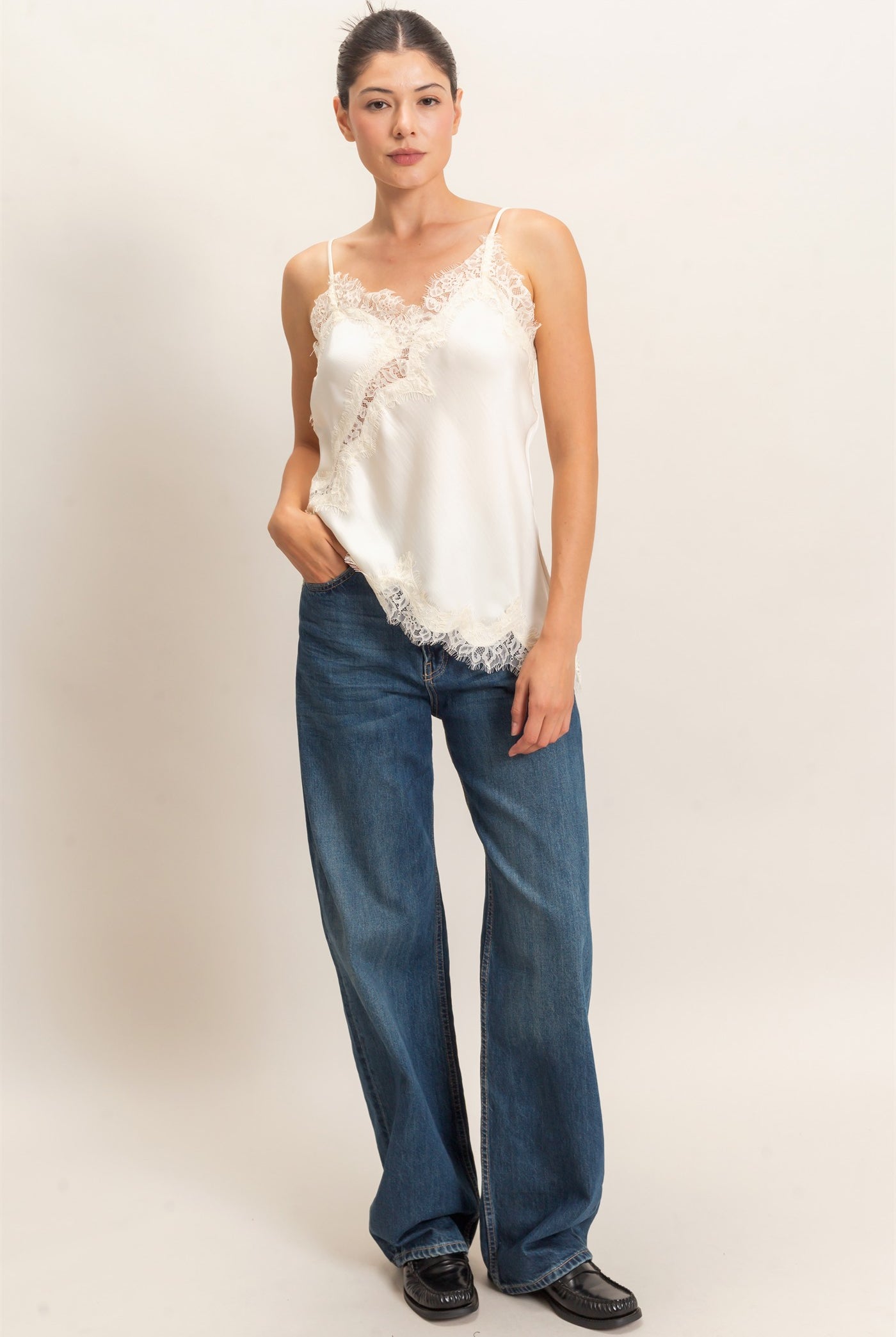 Wholesale Asymmetrical Satin Lace Top Camisoles HF26C945-D CREAM HYFVE