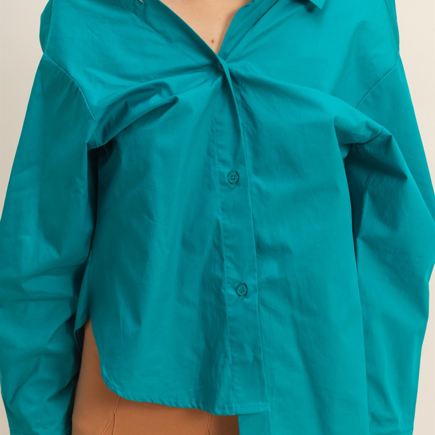 Wholesale Off-The-Shoulder Asymmetrcal Button-Up Shirt Clothing Tops HF22G139 TEAL HYFVE
