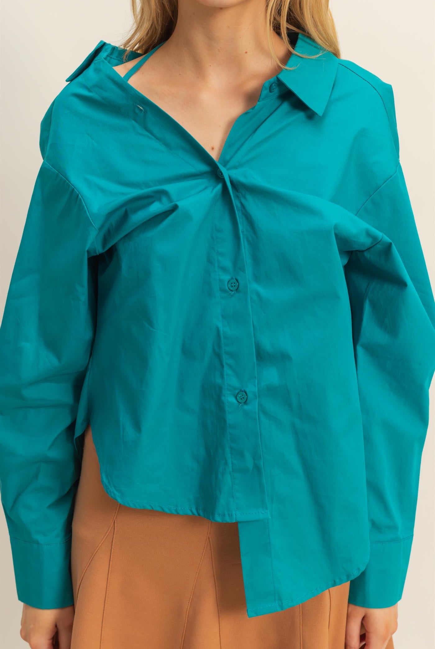 Wholesale Off-The-Shoulder Asymmetrcal Button-Up Shirt Clothing Tops HF22G139 TEAL HYFVE