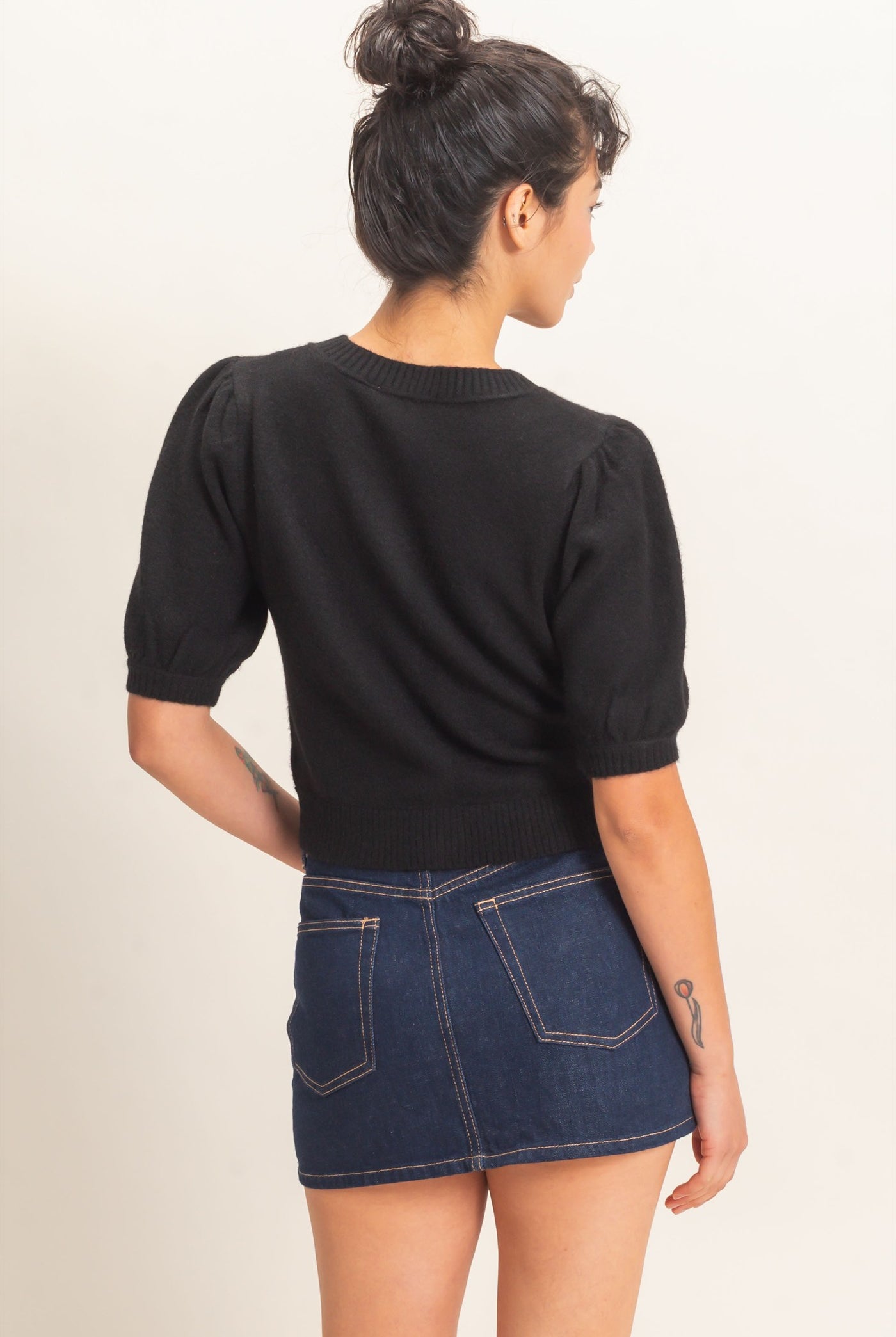 Wholesale Button Front Puff Short Sleeve Cardigan Cardigans DZ26C960 BLACK DOUBLE ZERO