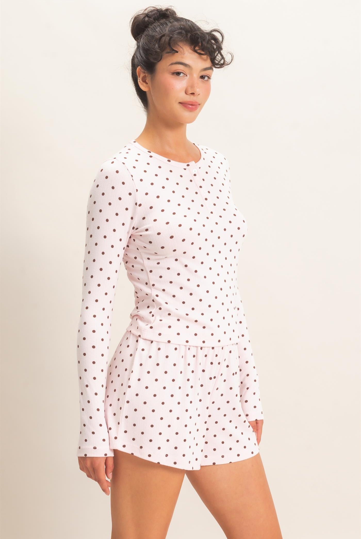 Wholesale Polka Dot Henley Long Sleeve Top & Shorts Set Clothing DZ27A154-SET LIGHT PINK DOUBLE ZERO