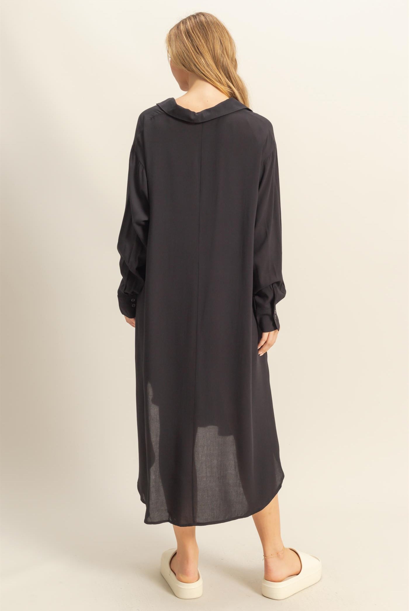 Wholesale V-Neck Long Sleeved Midi Shirts Dress Dresses DZ24E706 BLACK DOUBLE ZERO