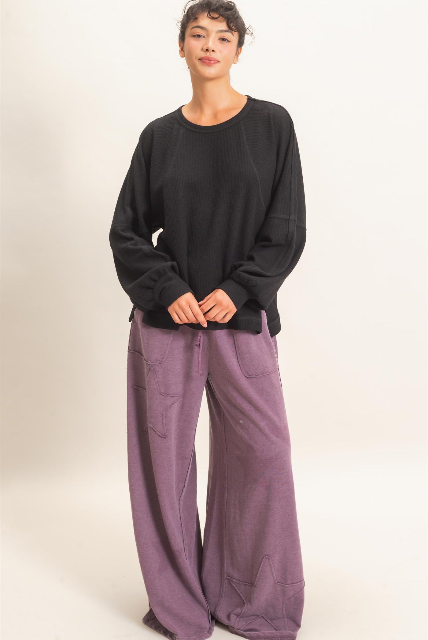 Wholesale Brushed Waffle Long Sleeve Top Clothing Tops DZ26F312 BLACK DOUBLE ZERO