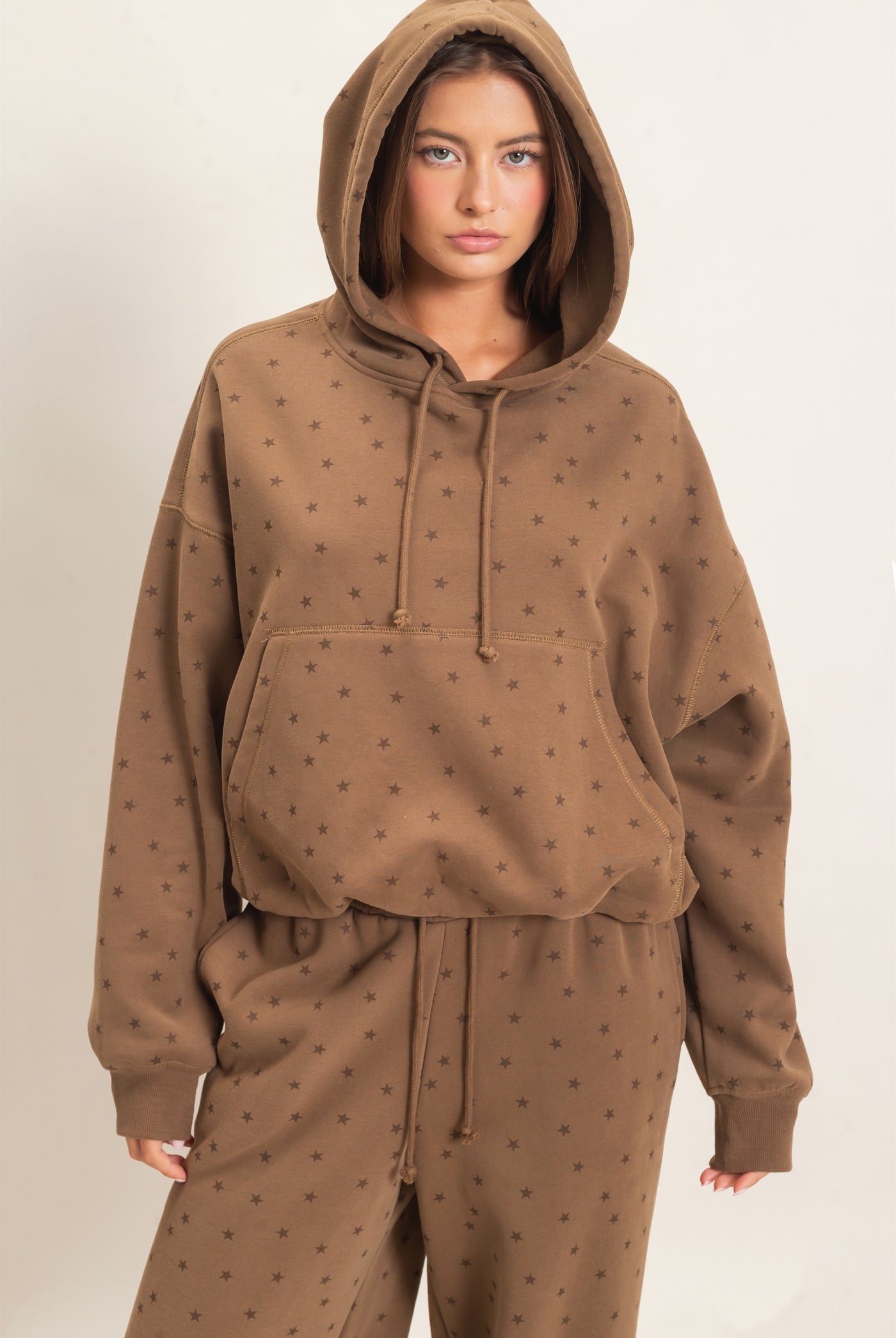 Wholesale Star Print Bubble Hoodie Hoodies DZ26C911 MOCHA DOUBLE ZERO