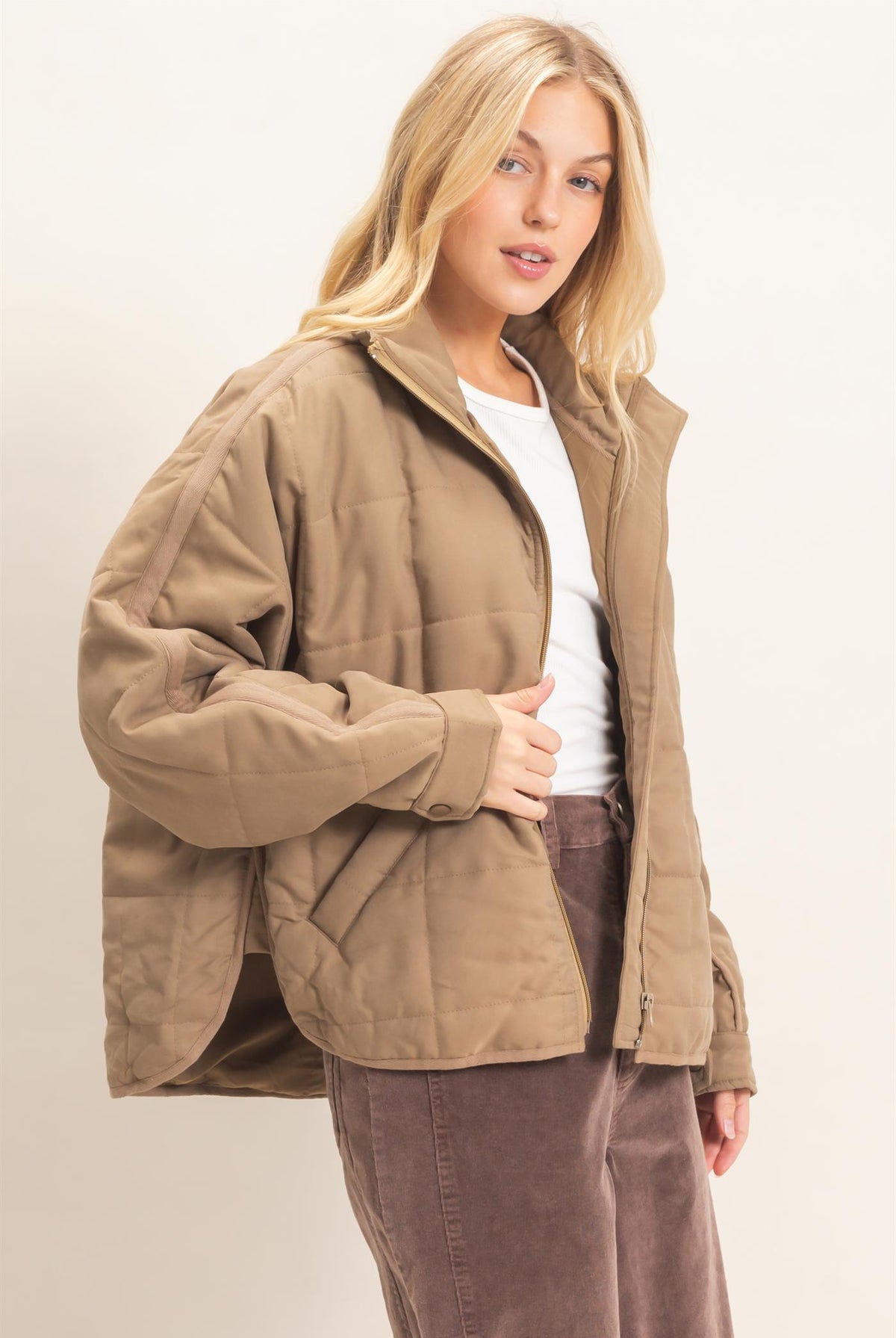 Wholesale Quilted High Collar Jacket Coats & Jackets HF26F167-D OLIVE HYFVE