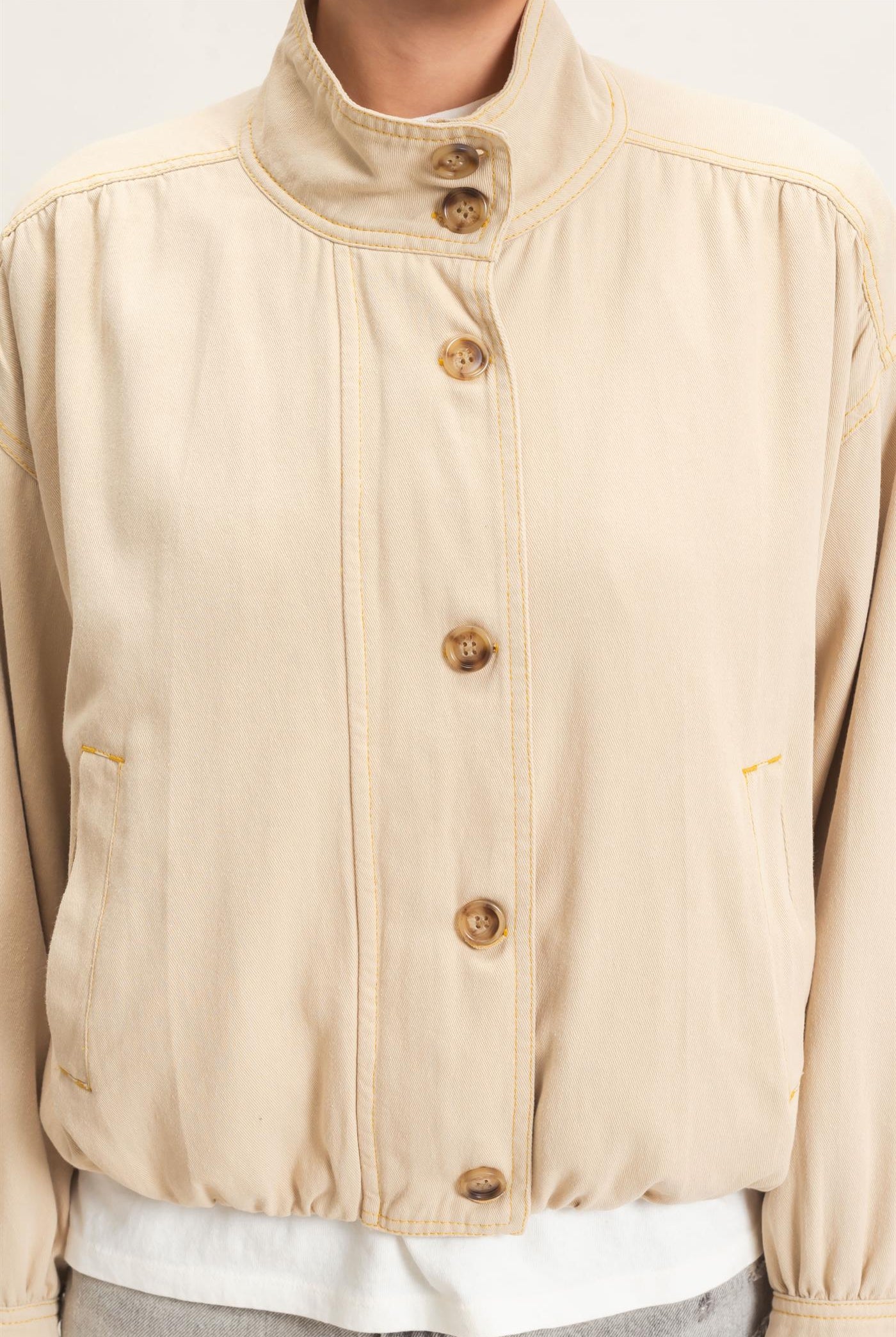 Wholesale High Collar Denim Bomber Jacket Coats & Jackets HF26E090-D BEIGE HYFVE