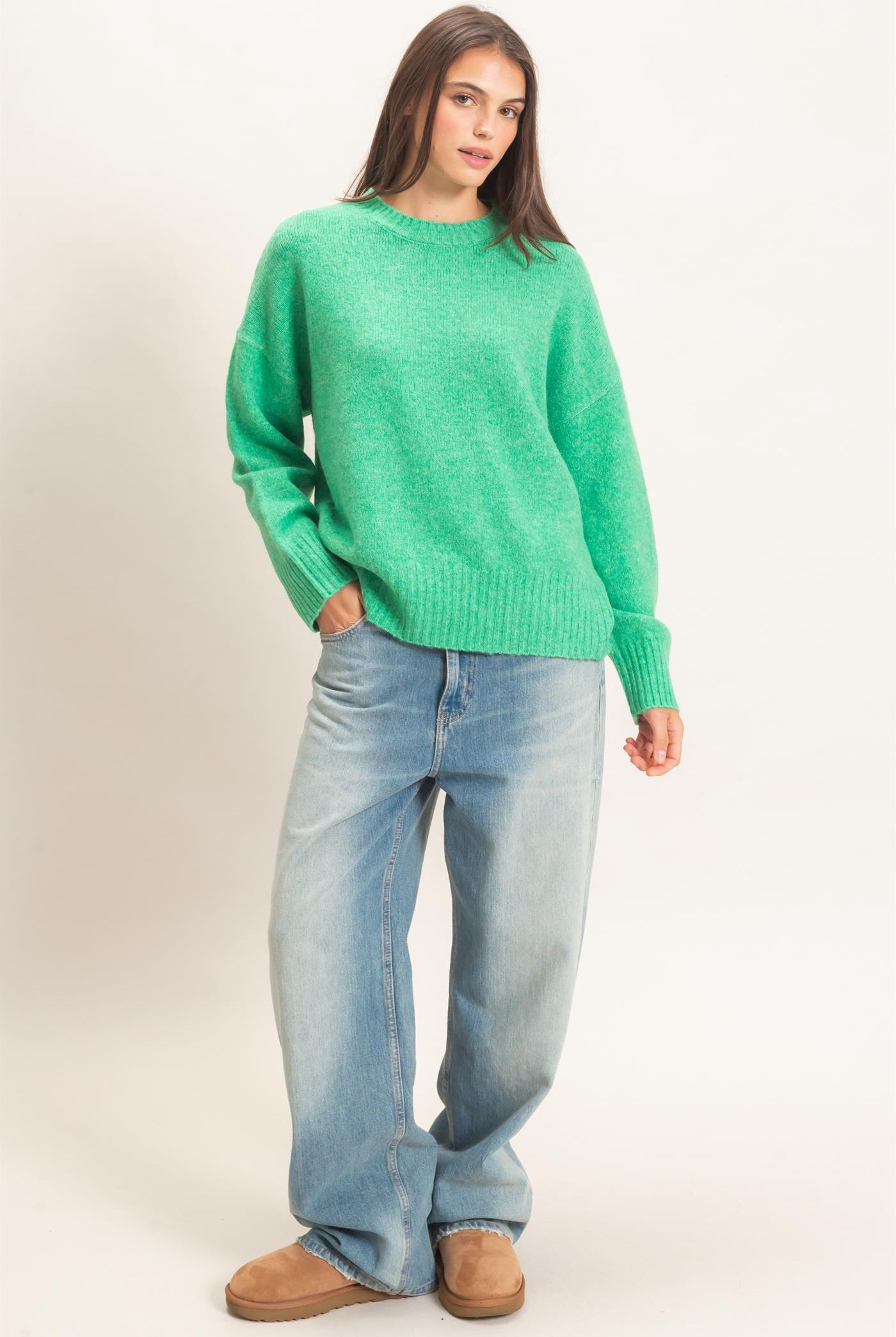 Wholesale Ribbed Crew Neck Sweater Sweaters HF26F179-D GREEN HYFVE