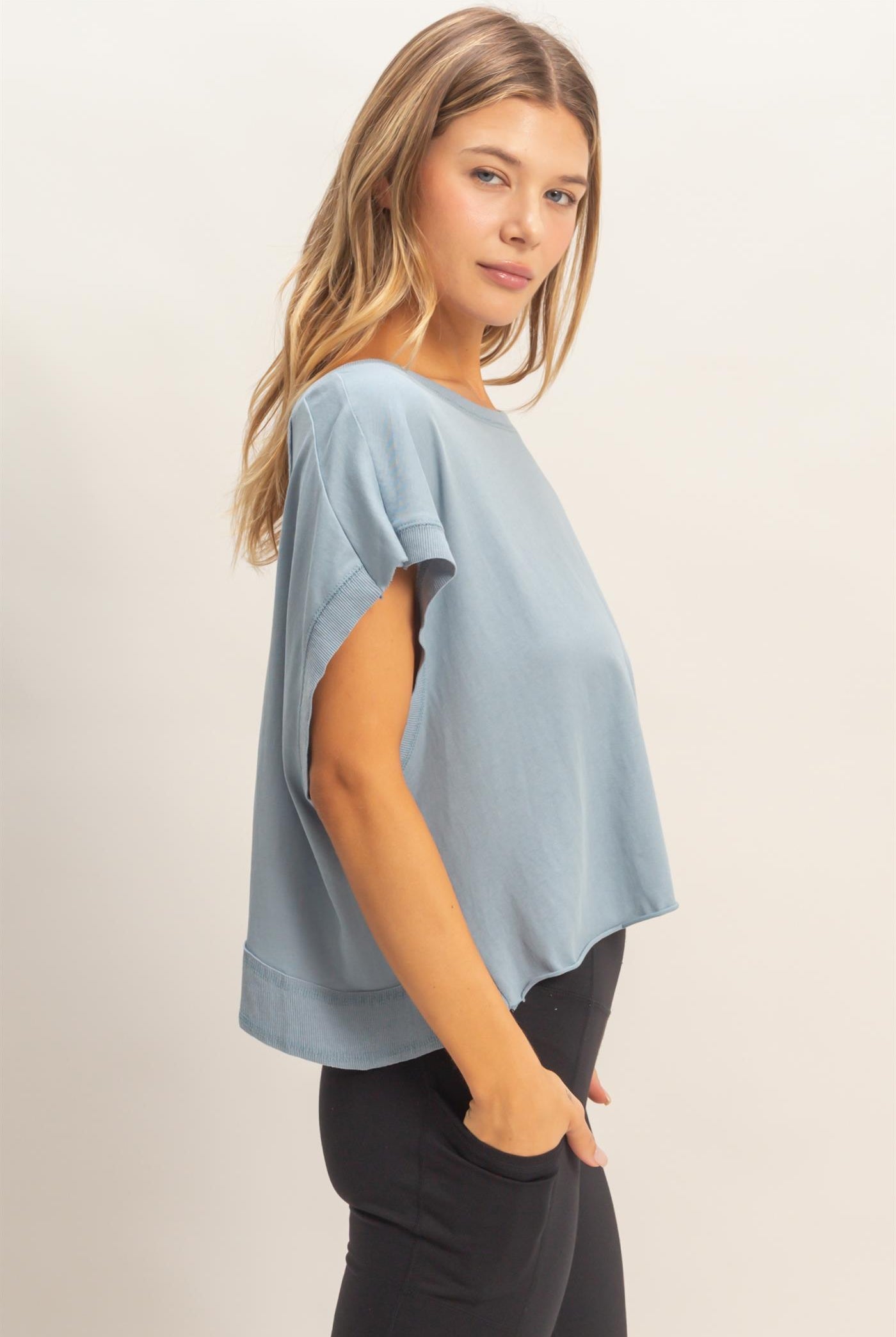 Wholesale Boxy Crew Neck Top T-Shirts HF26C288-D LIGHT BLUE HYFVE