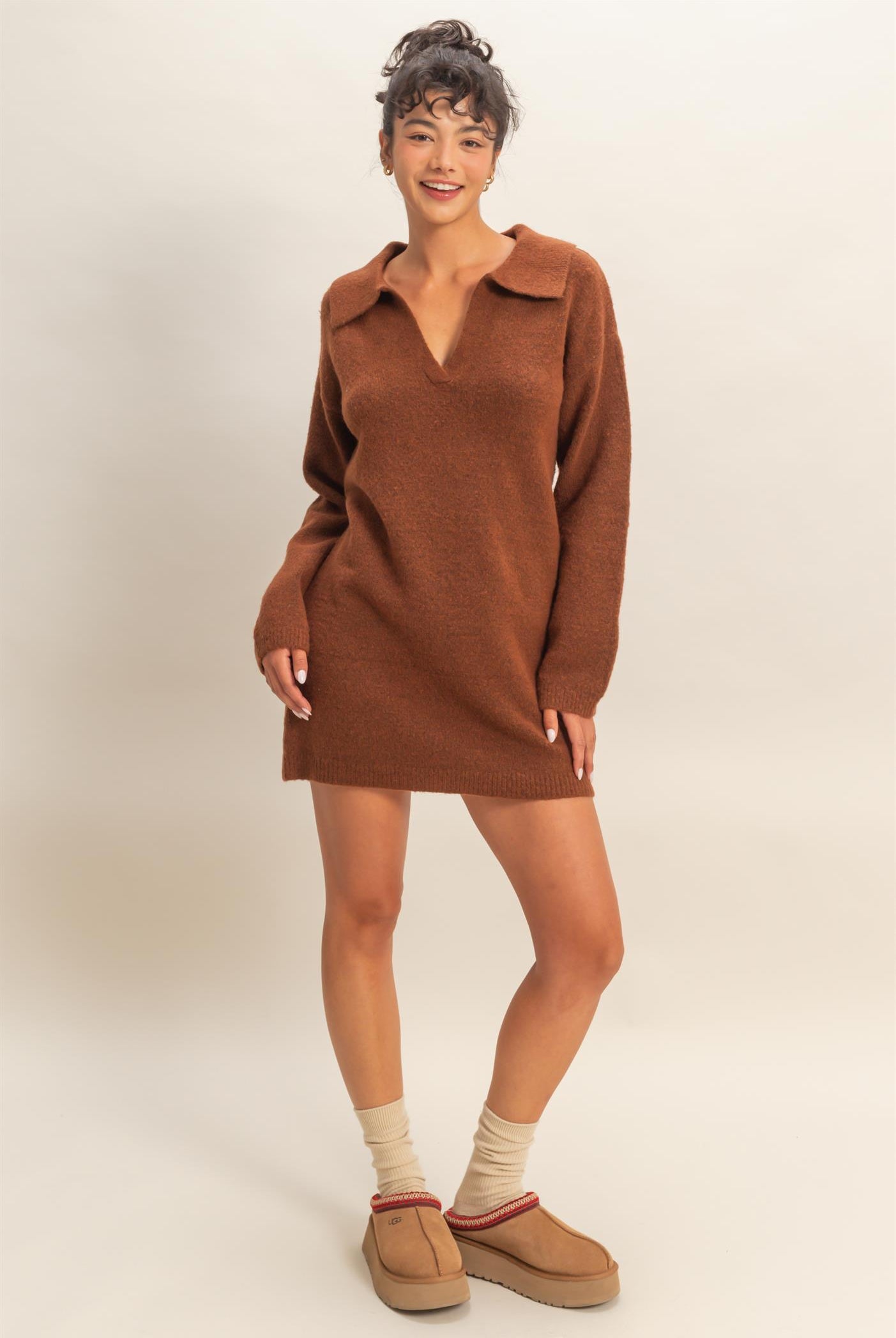 Wholesale Sophisticated Polo Long Sleeve Sweater Dress Dresses DZ25E838 CHESTNUT DOUBLE ZERO