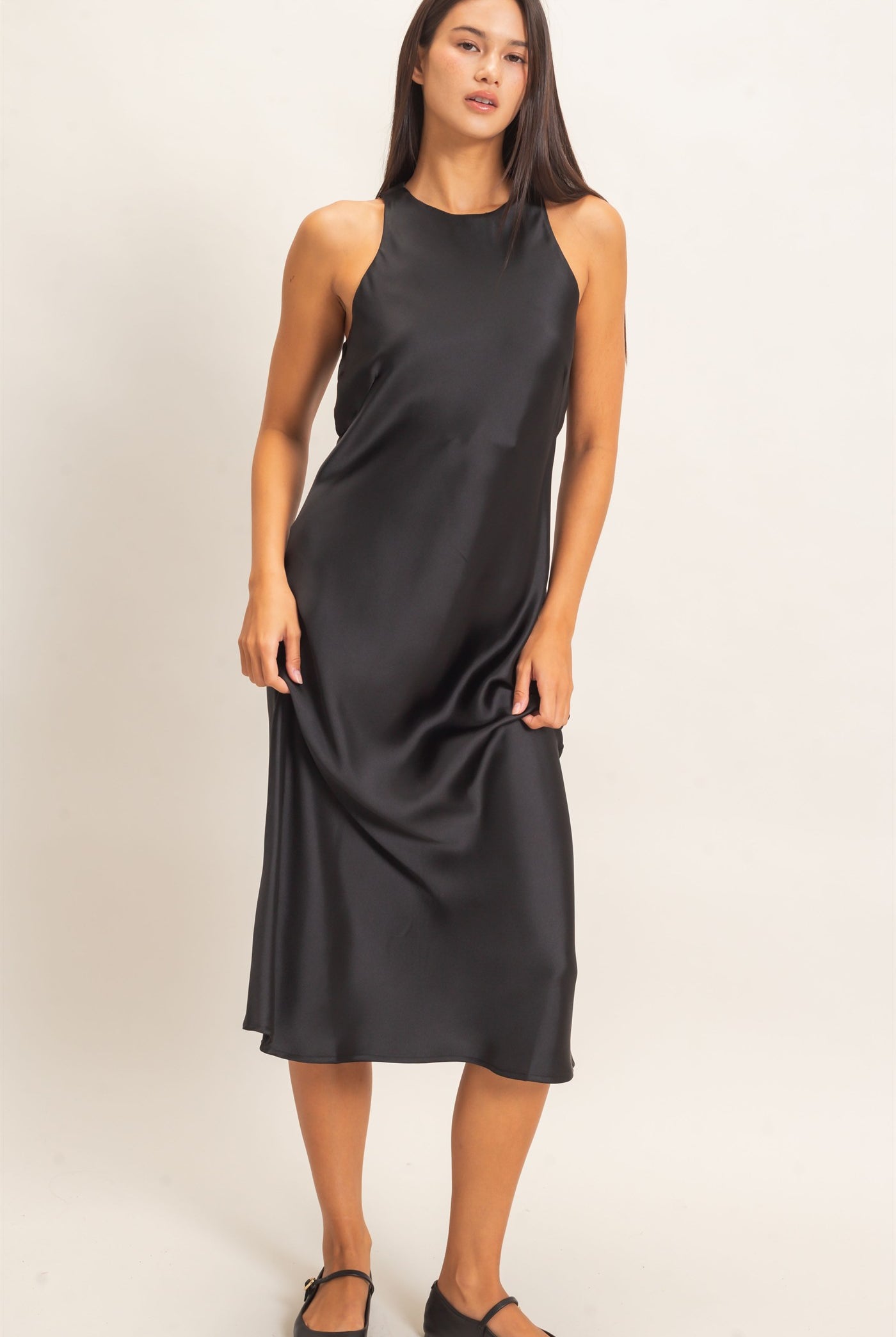 Wholesale Sleeveless Satin Midi Dress Dresses DZ26E257 BLACK DOUBLE ZERO