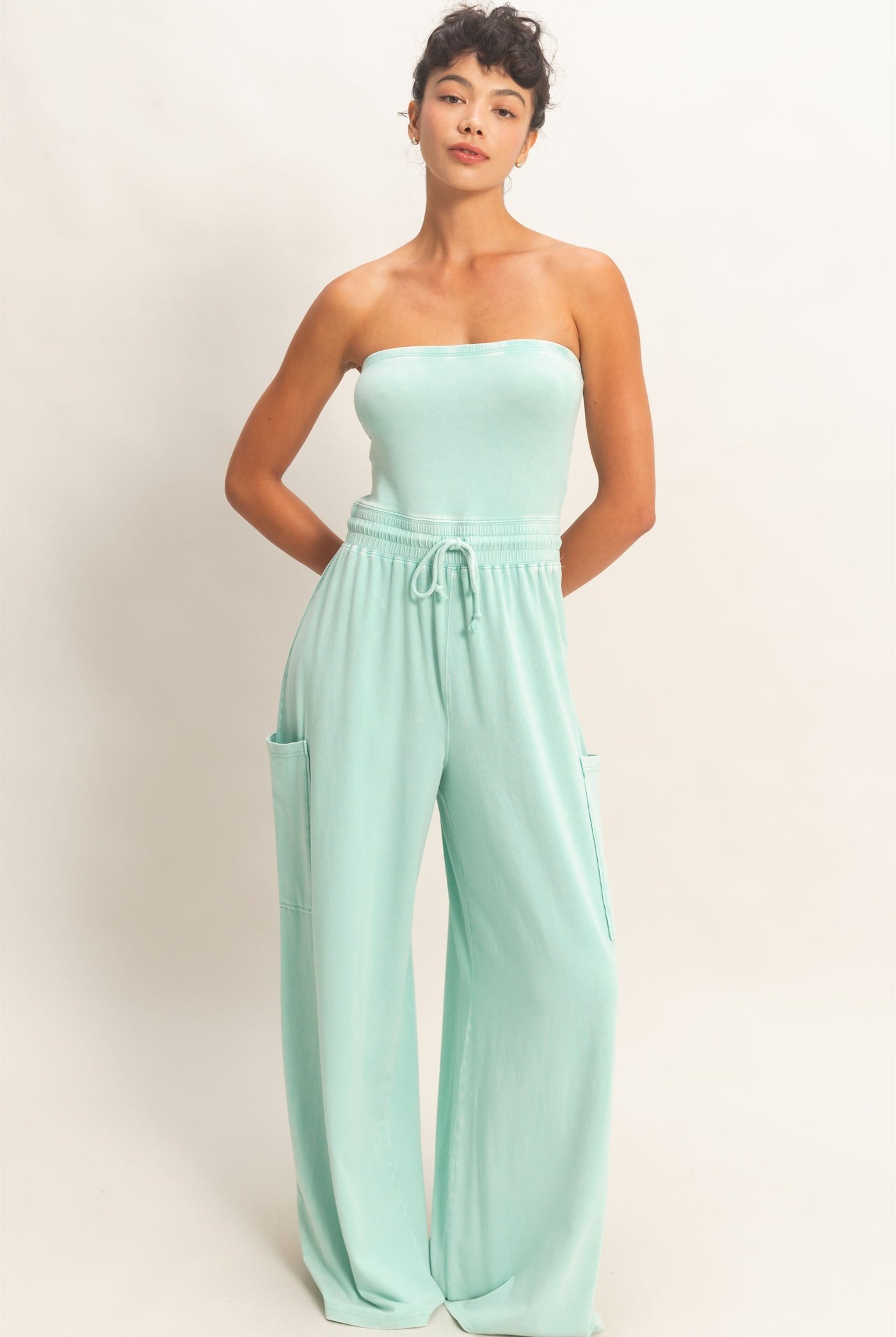 Wholesale Mineral Wash Strapless Wide-Leg Jumpsuit Clothing DZ26C376 TURQUOISE DOUBLE ZERO
