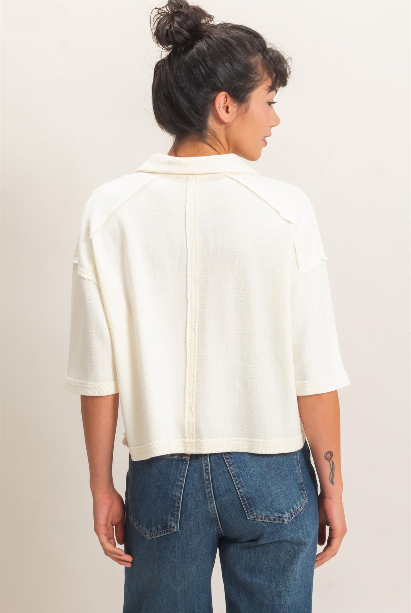 Wholesale Mineral Wash Oversized Collar Short Sleeve Top Clothing Tops DZ26E813 CREAM DOUBLE ZERO