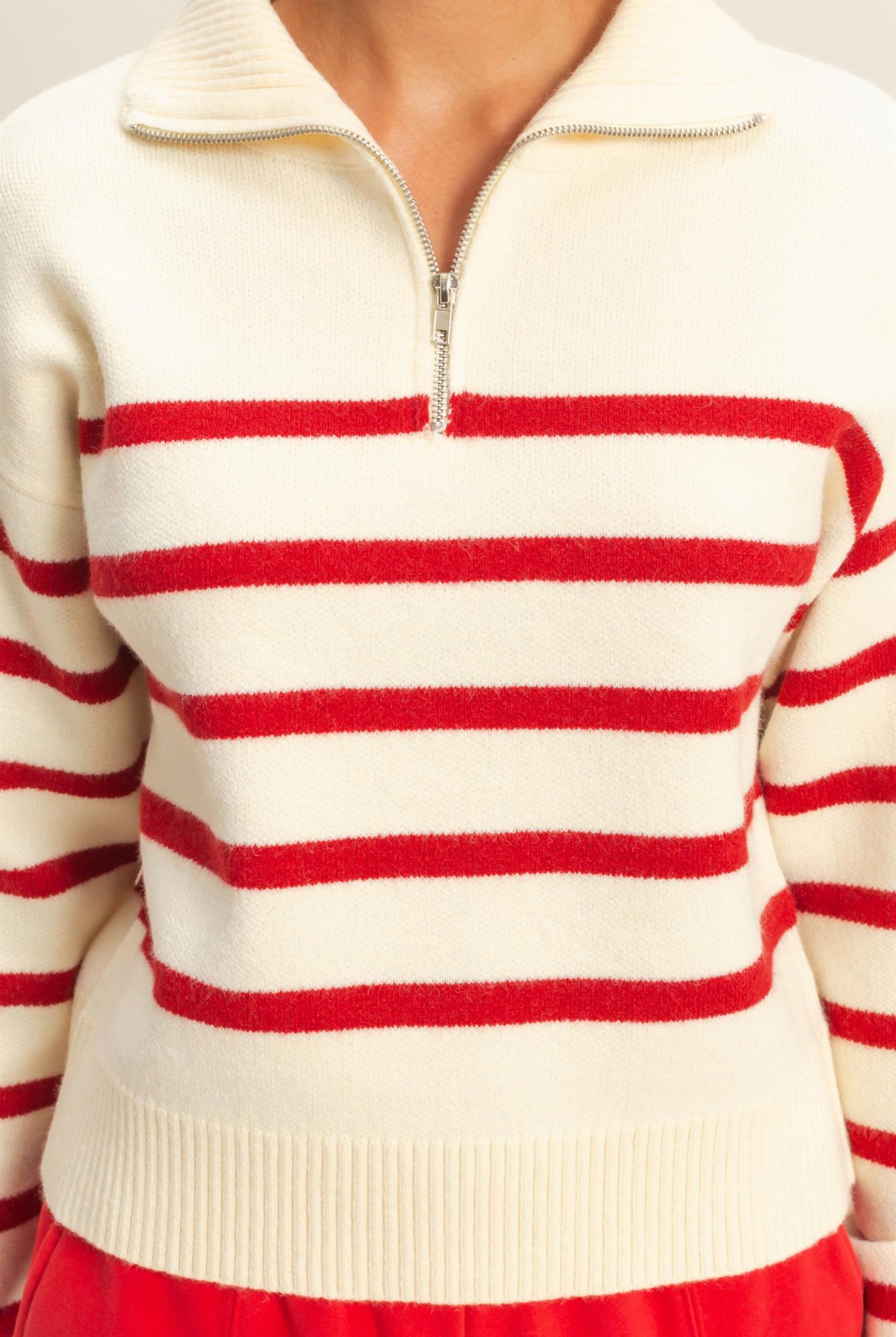 Wholesale Striped Half Zip Sweater Sweaters DZ25E282 CREAM/RED DOUBLE ZERO