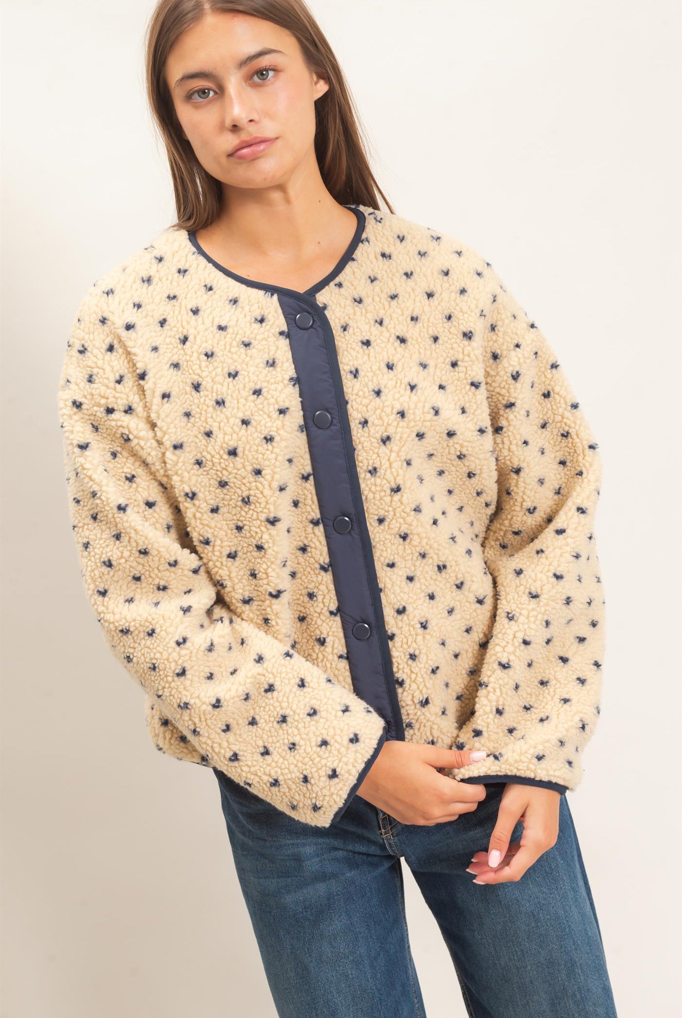 Wholesale Polka Dot Sherpa Jacket Coats & Jackets DZ26F160 NAVY DOUBLE ZERO