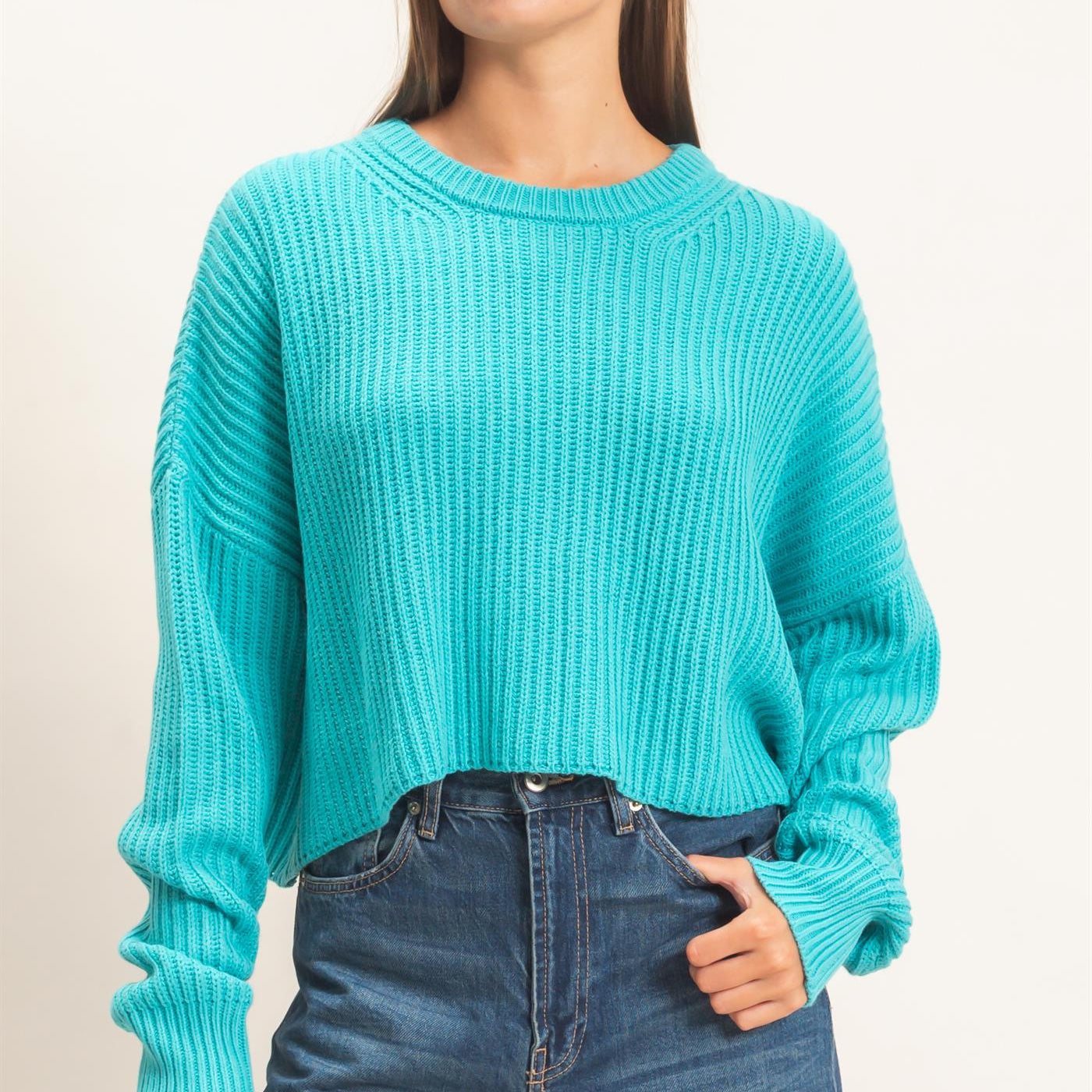 Wholesale Oversized Cropped Sweater Sweaters DZ26E252 TURQUOISE DOUBLE ZERO