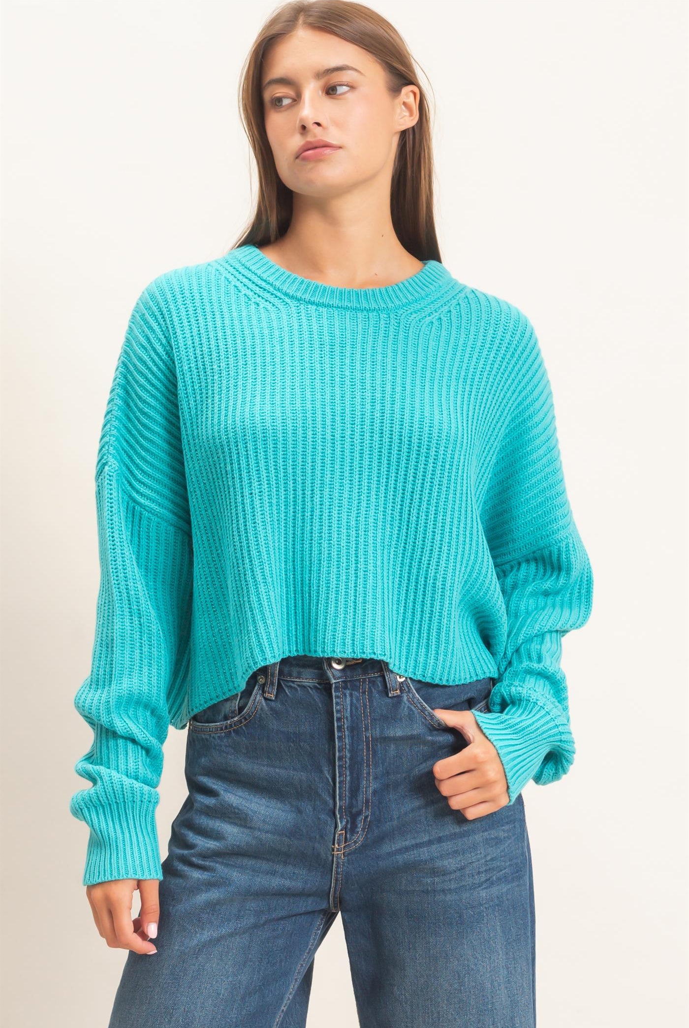 Wholesale Oversized Cropped Sweater Sweaters DZ26E252 TURQUOISE DOUBLE ZERO