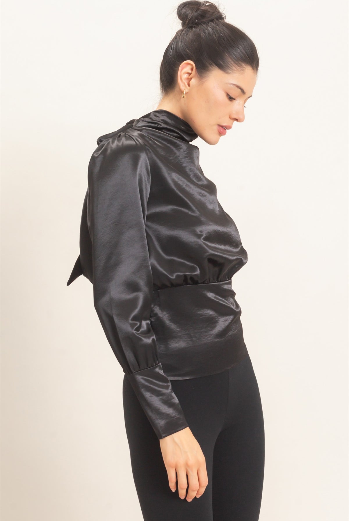 Wholesale Satin Cowl Back Blouse Blouses HF26F113 BLACK HYFVE
