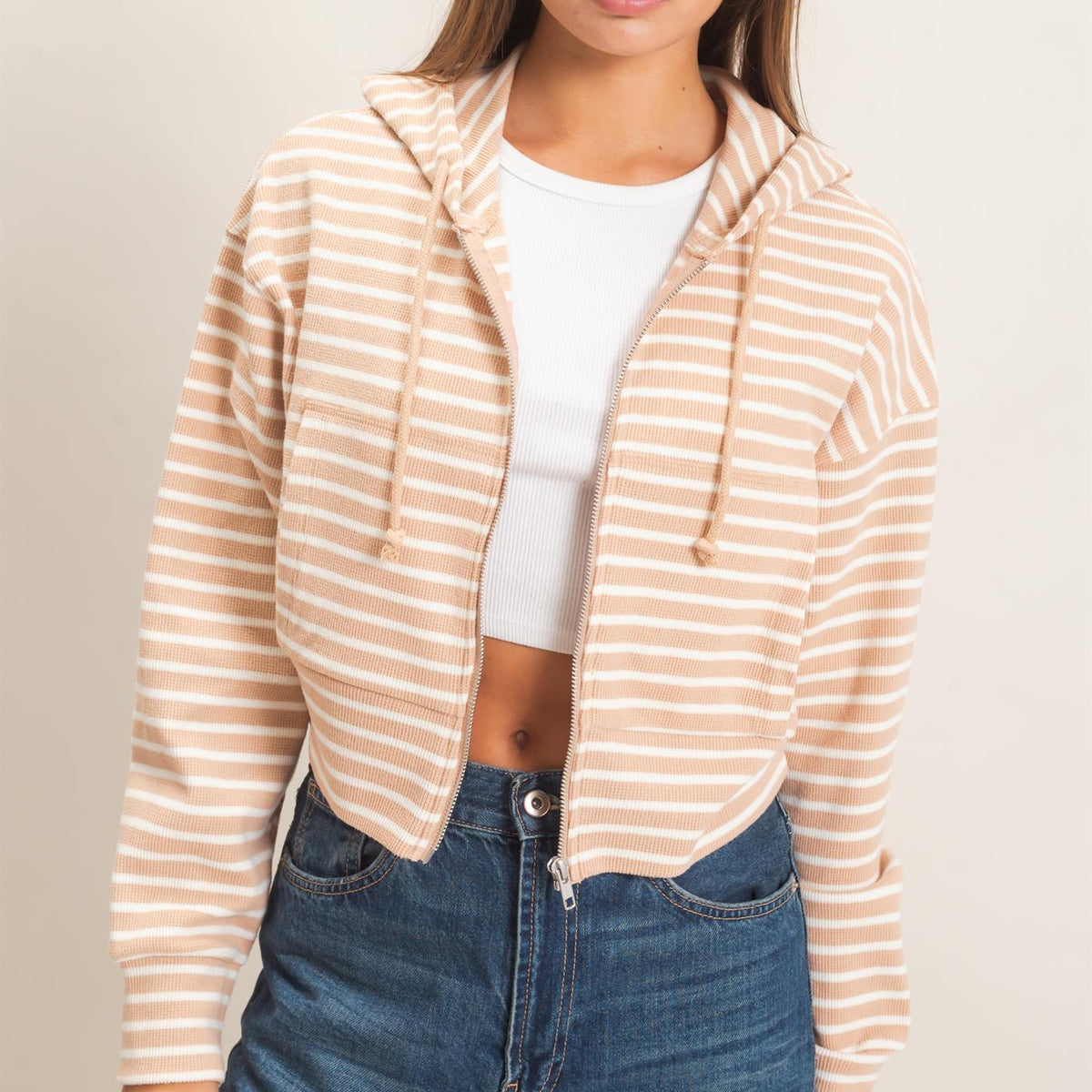 Wholesale Striped Zip-Up Hoodie Hoodies DZ26E433 SAND DOUBLE ZERO