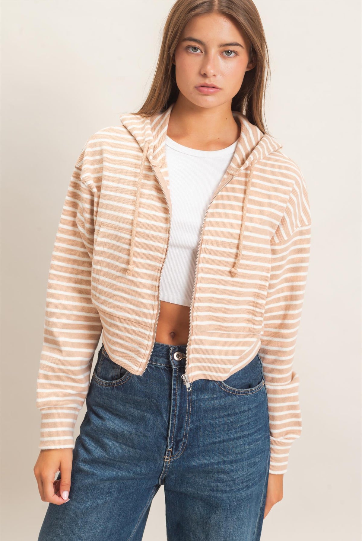 Wholesale Striped Zip-Up Hoodie Hoodies DZ26E433 SAND DOUBLE ZERO
