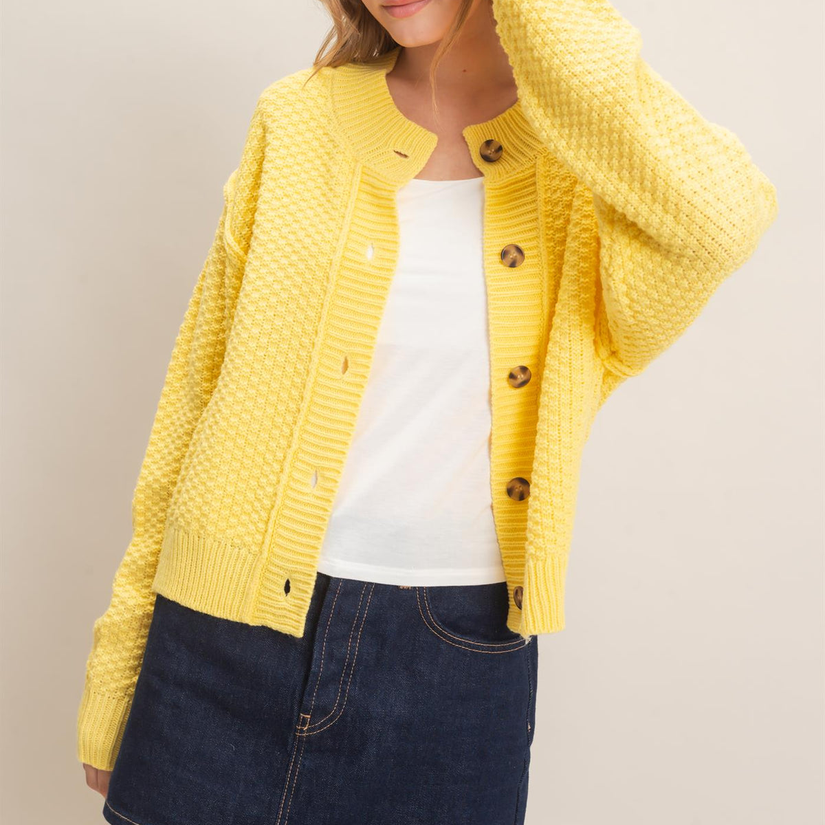 Wholesale Textured Knit Button-Front Cardigan Cardigans HF26C409 BUTTER YELLOW HYFVE